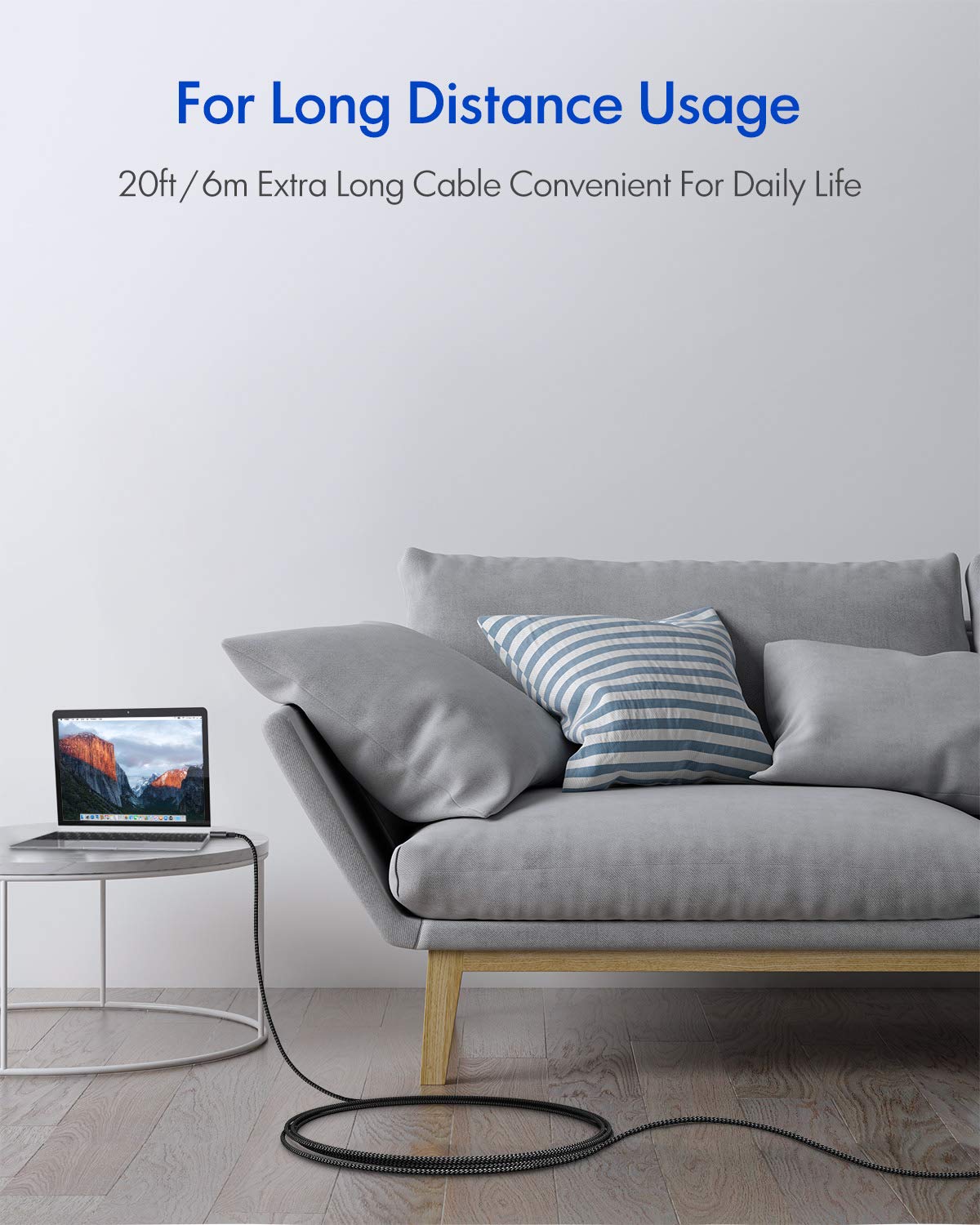 6M Extra Long USB C to USB C Cable - 60W Fast Charging PD Braided Cord - Compatible with Galaxy S20/S21/Note 20/Plus/Ultra, MacBook, iPad Air/Pro 2020/2021, Pixel - Perfect for Home, Office & Travel Charging