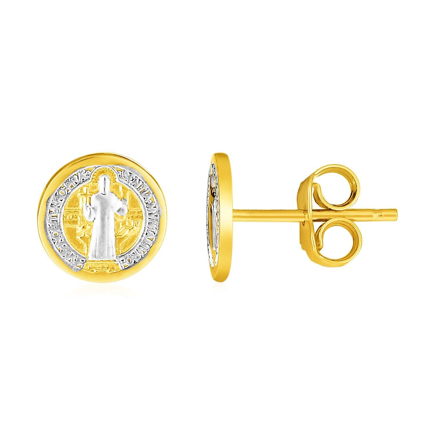 14K Two-Tone Gold Round Religious Medal Post Earrings for Women – Catholic Saint Jewelry Gift for Baptism, First Communion & Everyday Wear