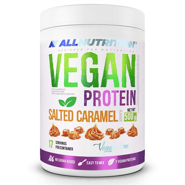 Allnutrition Vegan Protein Powder - Salted Caramel Flavor, 500g | Plant-Based Protein Supplement for Muscle Recovery & Weight Management | Perfect for Post-Workout Shakes & Healthy Smoothies