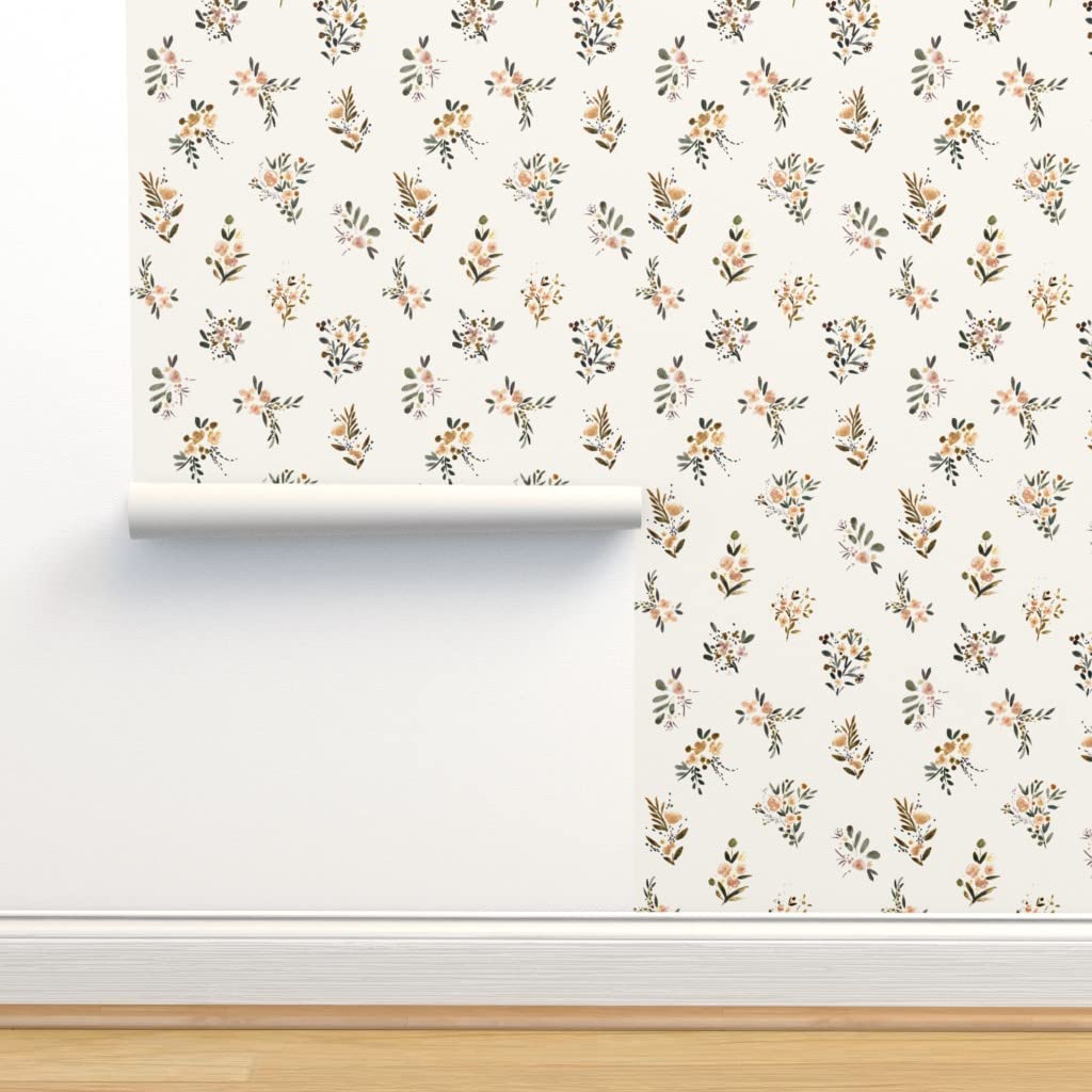 Peel & Stick Wallpaper 9ft x 2ft - Meadow Floral Cream Vintage Gold Mustard Removable Wallpaper | Self-Adhesive Wall Decor for Bedroom, Living Room & Nursery | Easy DIY Home Decoration by Spoonflower