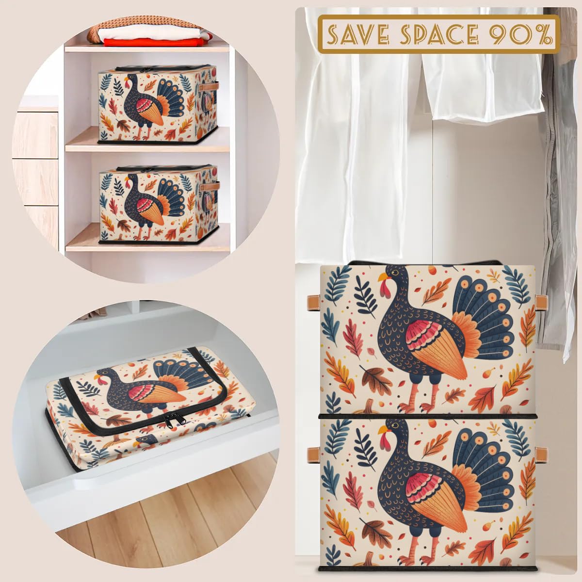 Thanksgiving Day Storage Boxes with Sturdy Handles - 2 Pack Zippered Storage Bins for Clothes, Toys & Home Organization | Durable Zipper Lid Storage Baskets for Holiday Decor, Seasonal Items & Kids Room Organization