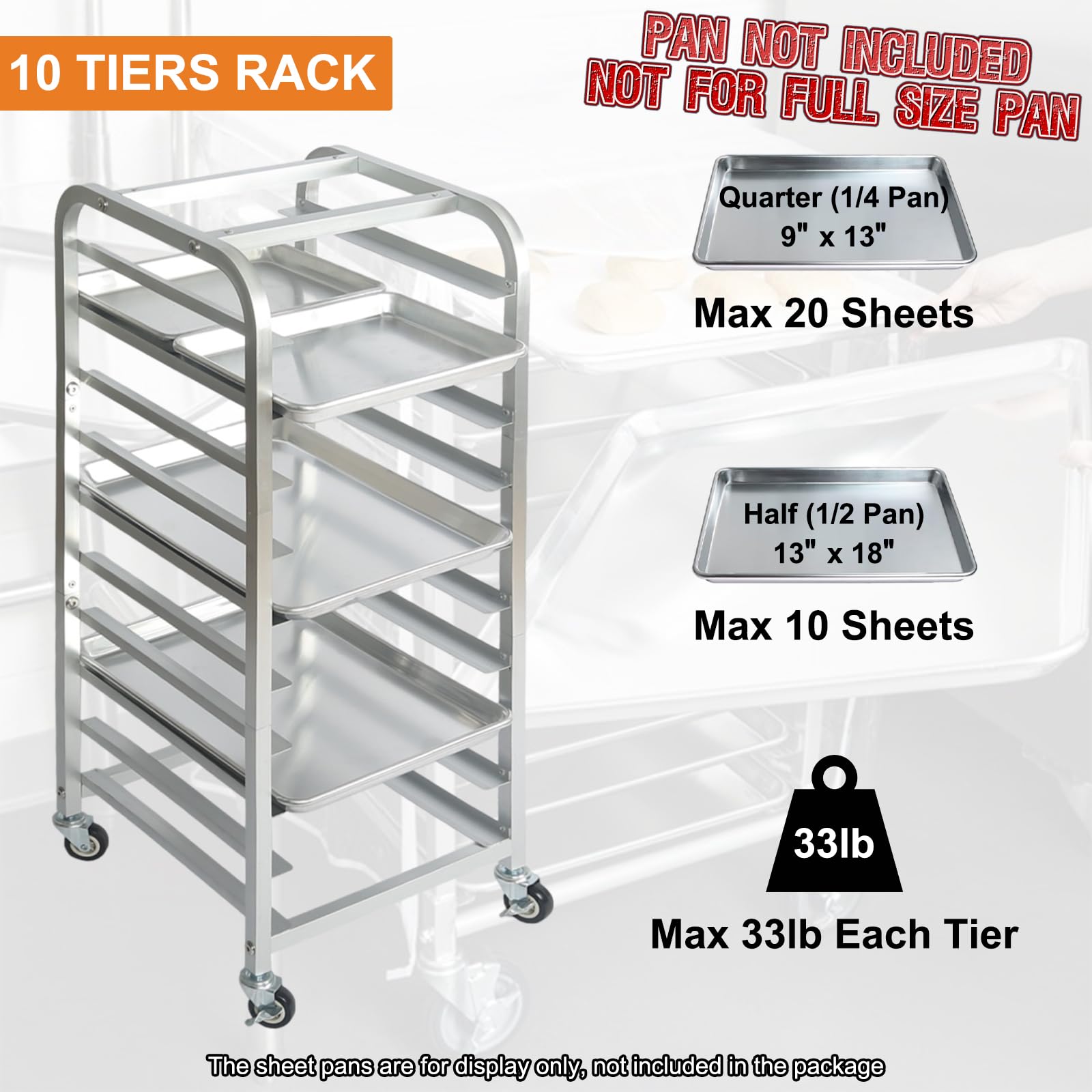 10-Tier Half Sheet Bakery Rack with Wheels - Heavy Duty Commercial Bread Cooling Rack for 1/2 & 1/4 Sheet Pans - Perfect for Bakeries, Restaurants, and Home Baking - Ideal for Bread, Pastries, Candles, and Soap Making
