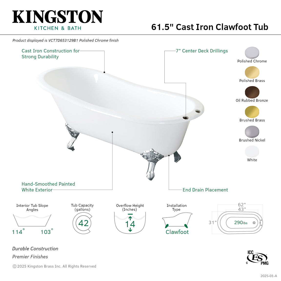 Aqua Eden 61 Inch White Cast Iron Oval Single Slipper Clawfoot Bathtub with 7 Inch Faucet Drillings - Vintage Freestanding Soaking Tub for Bathroom Remodel & Luxury Spa Experience