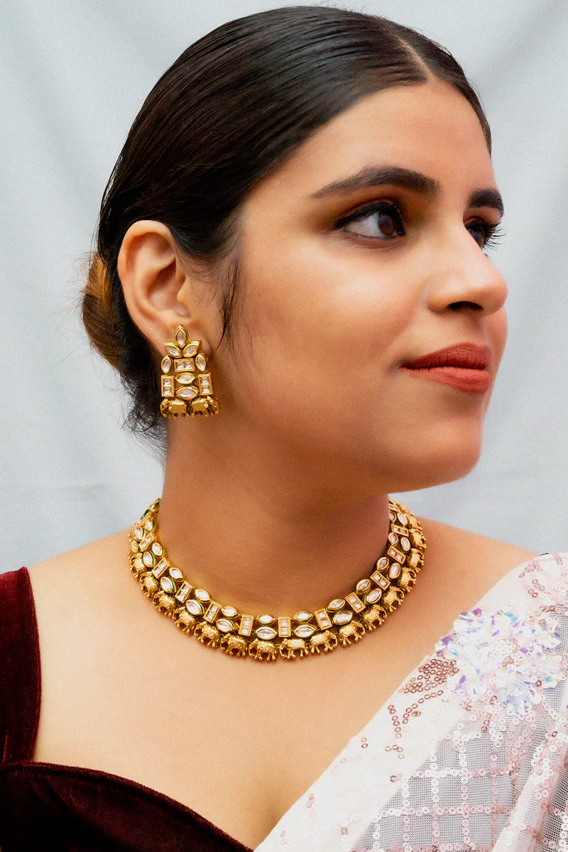 Luxury Gold Plated Royal Kundan Necklace and Earrings Set for Women - Indian Bridal Jewelry, Wedding Party Accessories, Ethnic Fashion Statement