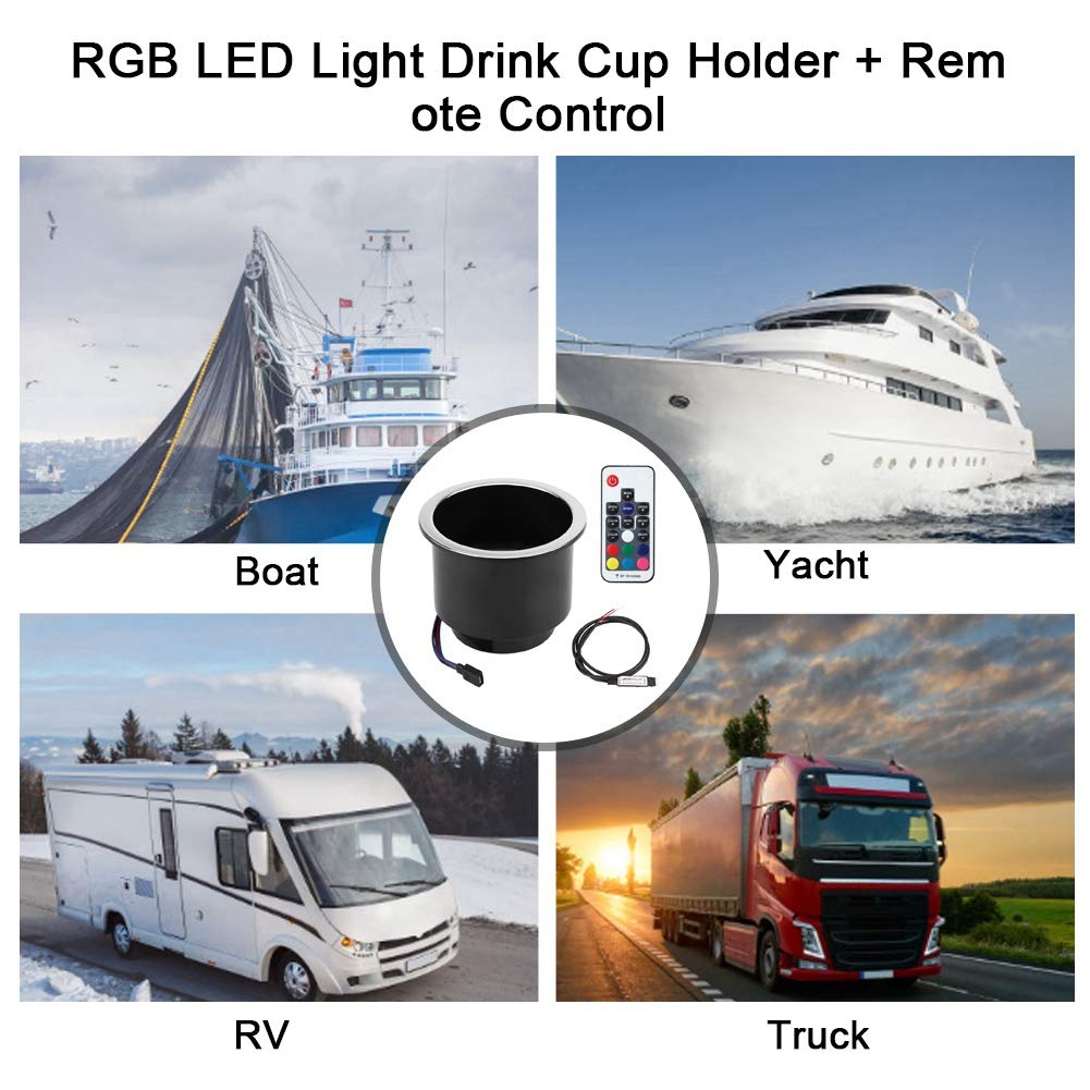 Terisass IP66 Waterproof RGB LED Cup Holder with Remote Control - for Marine, Boat, Car, Truck & RV - Perfect for Night Driving, Camping & Outdoor Adventures