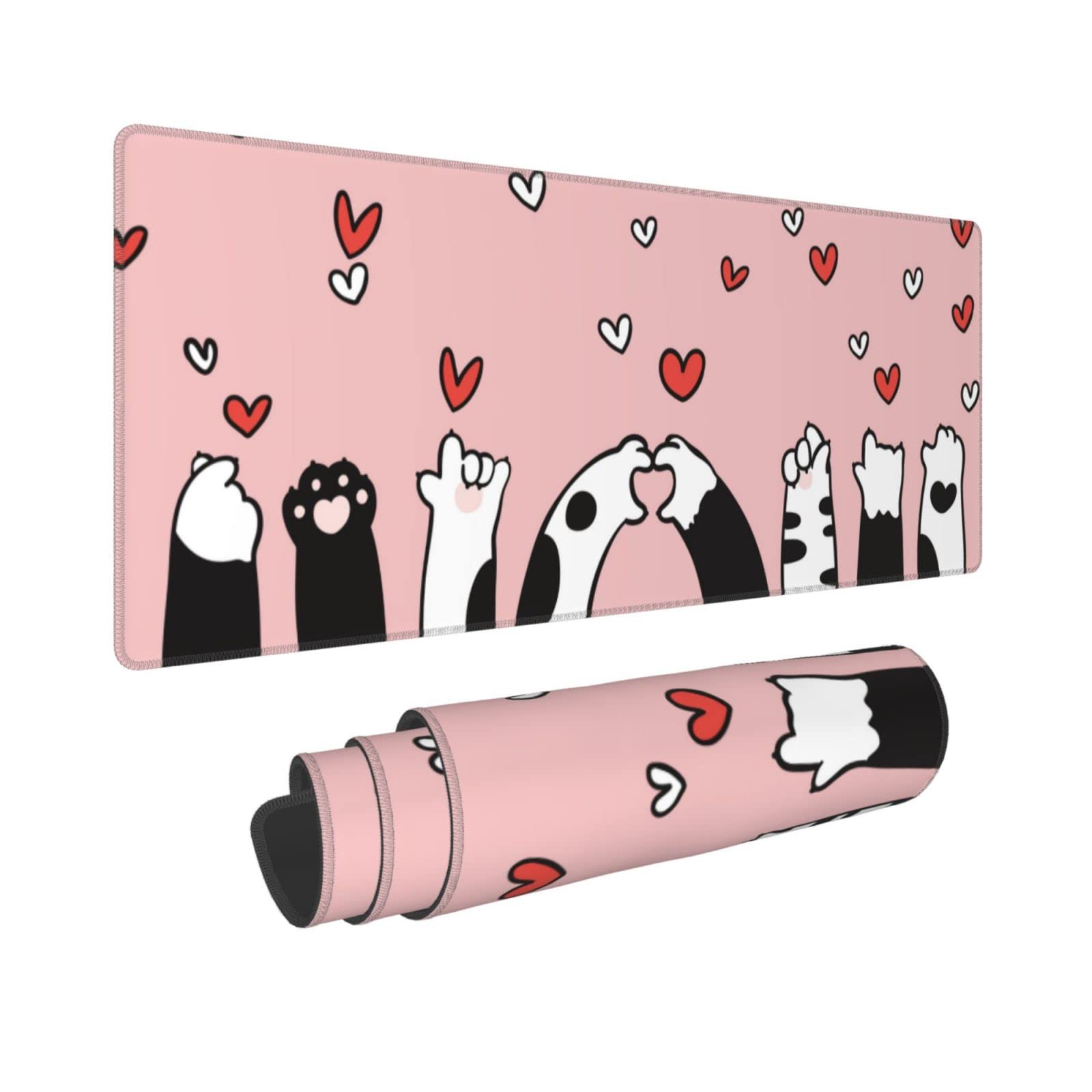 Kawaii Cat Paw Gaming Mouse Pad XL - Non-Slip Rubber Base, Stitched Edges, Extended Large Desk Mat (31.5 x 11.8 Inch) - Perfect for PC Gaming, Office Work & Home Computer Setup