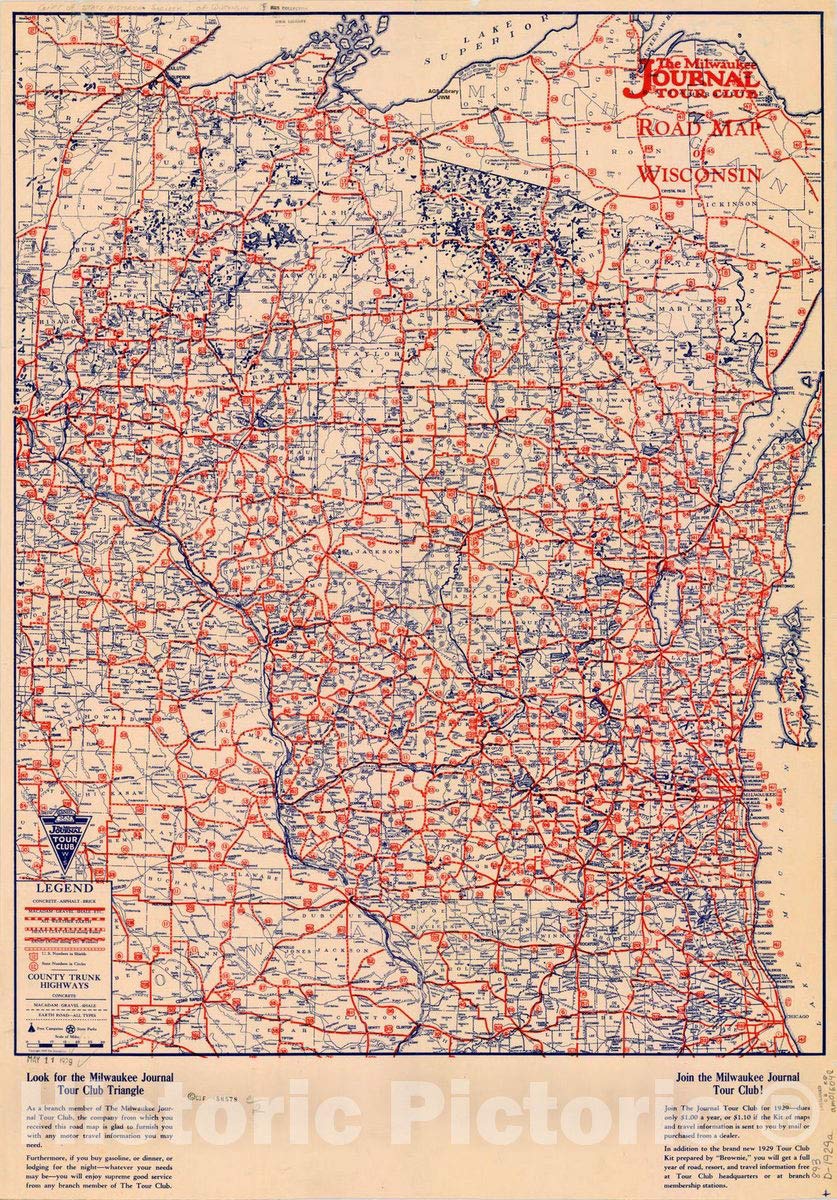 1929 Wisconsin Road Map - Vintage Reproduction by Milwaukee Journal Tour Club | 44x64 Inch Antique Wall Art for Home & Office Decor | Perfect for History Buffs & Travel Enthusiasts
