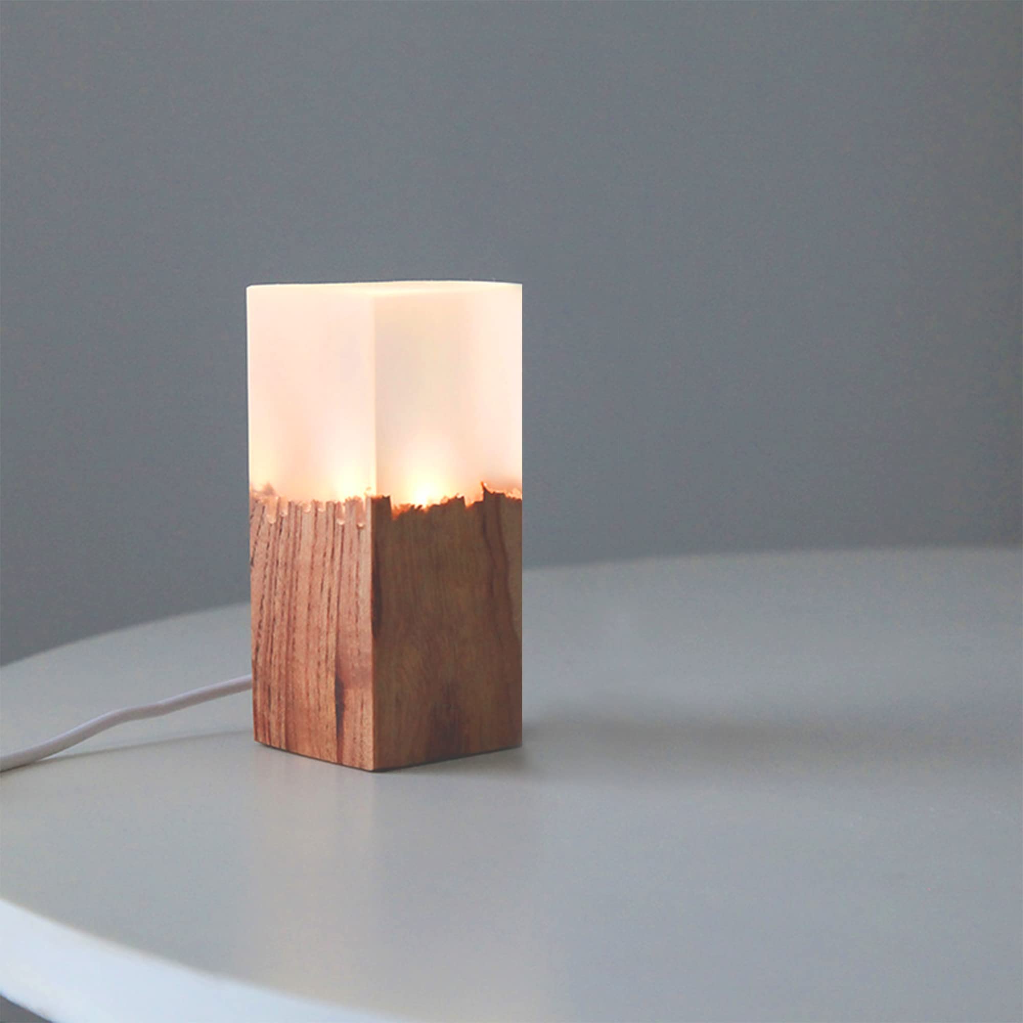 Epoxy Resin Wood LED Night Light - USB Powered Small Bedside Lamp for Bedroom, Nursery, or Living Room - Cool White Mini Ambient Lighting for Home Decor & Relaxation