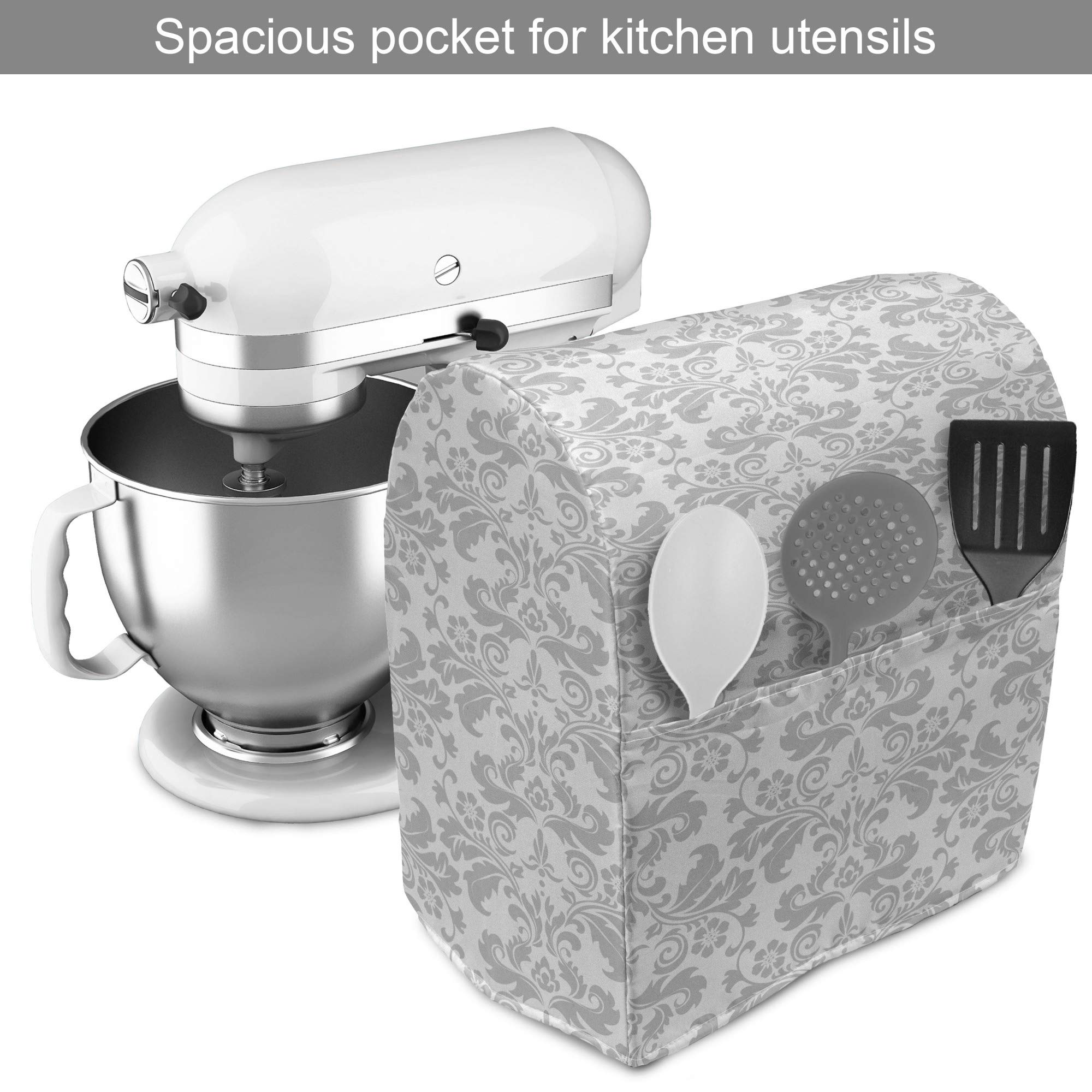 Ambesonne Baroque Stand Mixer Cover - Floral Bouquet Design, White & Pale Grey, Fits 6-8 Quart Mixers | Kitchen Appliance Organizer with Storage Pocket | Perfect for Baking, Cooking & Kitchen Organization