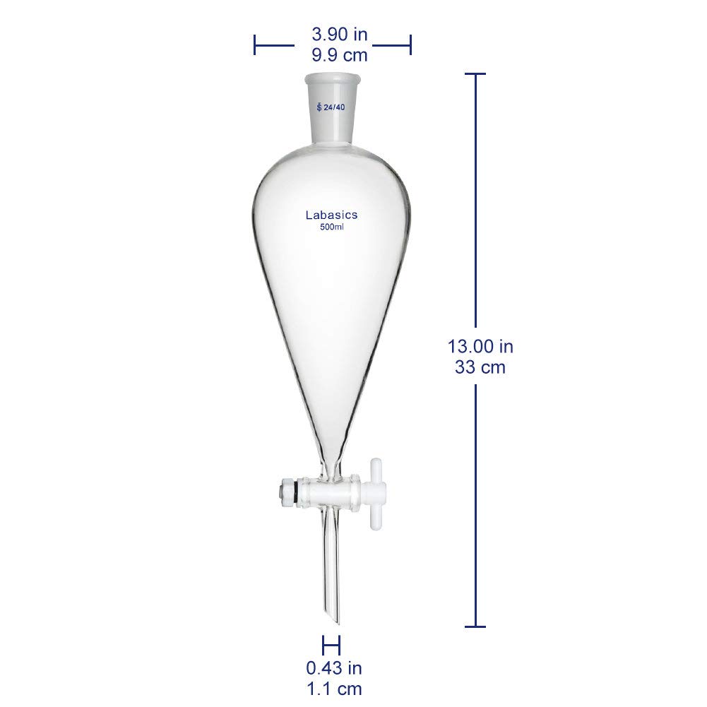 Labasics 500ml Borosilicate Glass Conical Separatory Funnel with PTFE Stopcock - 500mL Lab Equipment for Chemical Extraction, Liquid Separation & Organic Chemistry Experiments
