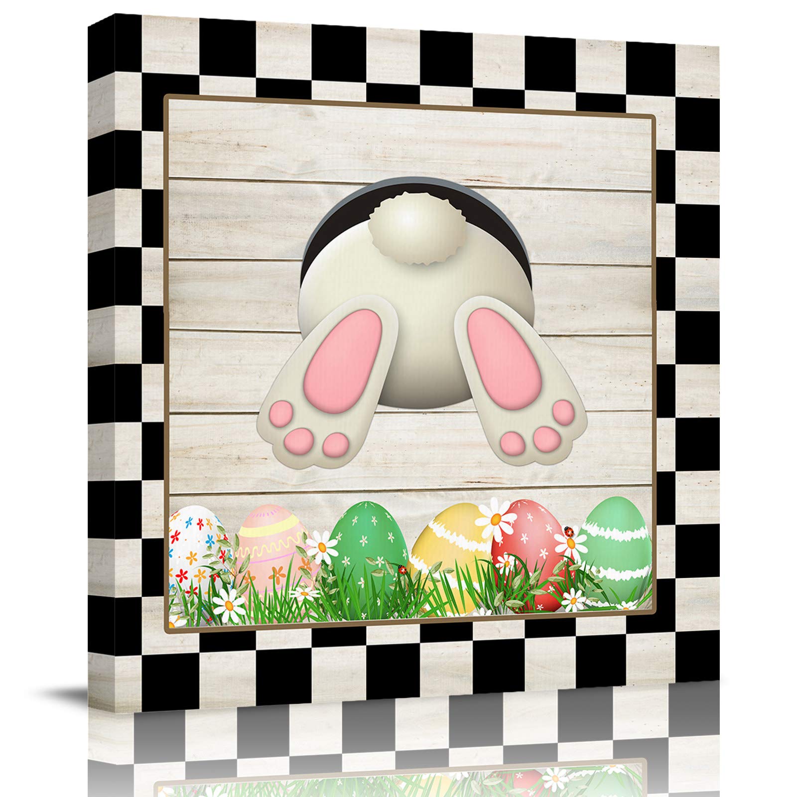 1998 Easter Bunny Butt Eggs Daisy Canvas Print - Wood Framed Black White Plaid Wall Art (28x28 Inch) | Vintage Home Decor for Living Room, Bedroom | Perfect Housewarming, Wedding & Holiday Gift