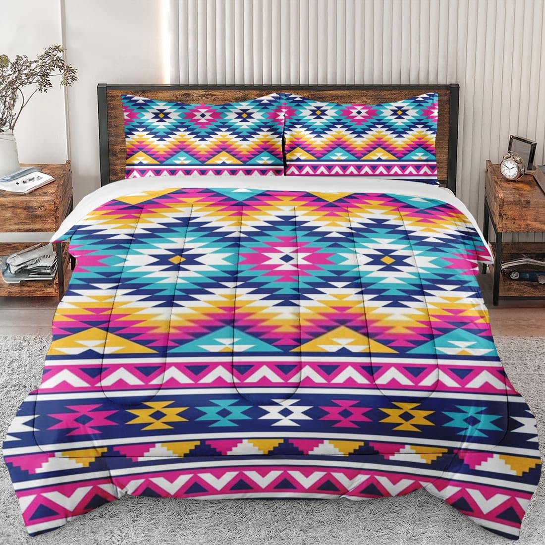 Full Size Comforter Set - Soft Tribal Geometric Aztec Bedding for Kids & Adults | Mexican Style Bedroom Decor with 2 Pillowcases | Perfect for Guest Rooms, Dorms & Cozy Bedrooms