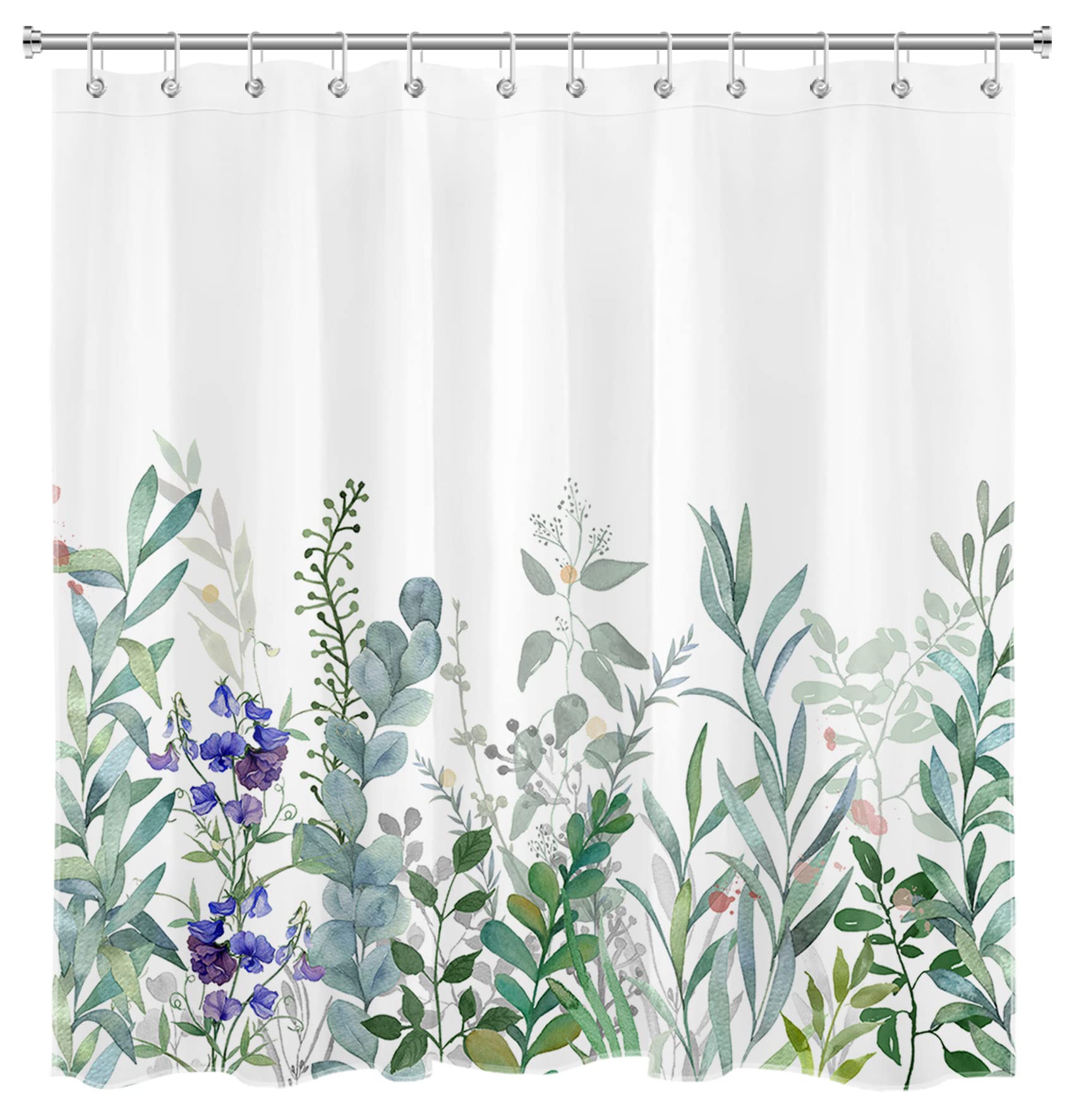 LB Purple Floral Shower Curtain with Green Eucalyptus Leaves - 72x72 Inch Waterproof Bathroom Curtain Set with Hooks | Nature-Inspired Botanical Watercolor Design for Modern Bathrooms & Spa-Like Retreats