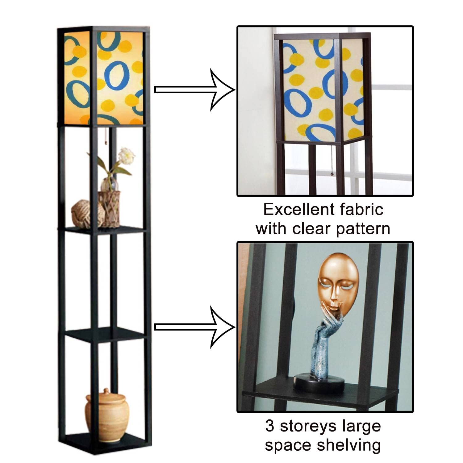 Hand Painted Blue and Yellow Seamless Pattern Floor Lamp with Shelves & Flaxen Fabric Shade - Tall Standing Corner Lamp for Living Room, Bedroom - Aesthetic Home Decor for Reading Nook, Cozy Nights & Modern Interior Design