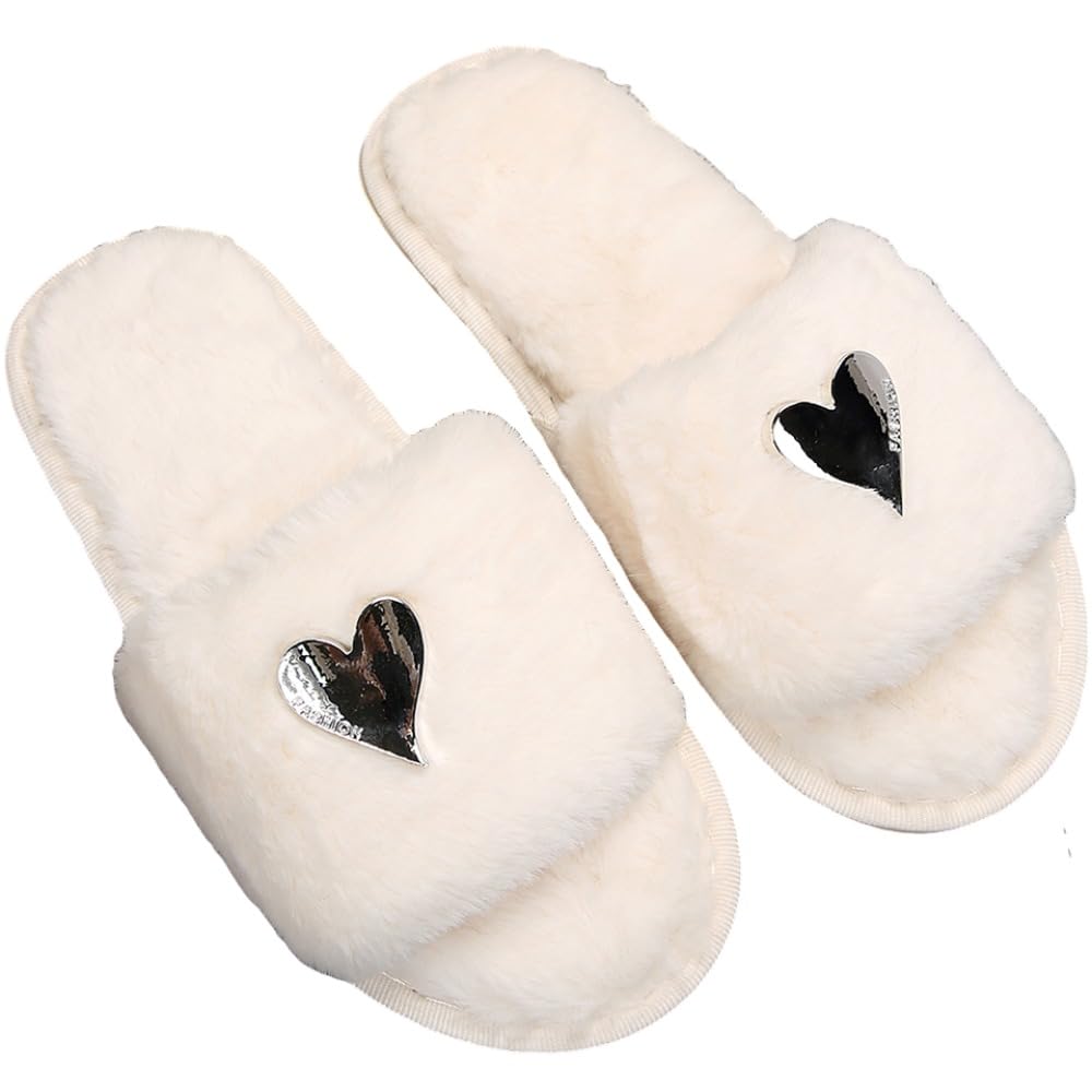 Women's Fuzzy Fluffy Slippers - Cozy Heart Design Open Toe House Slides for Indoor Comfort, Perfect for Brides & Home Relaxation | Ideal for Lounging, Spa Days & Wedding Preparations