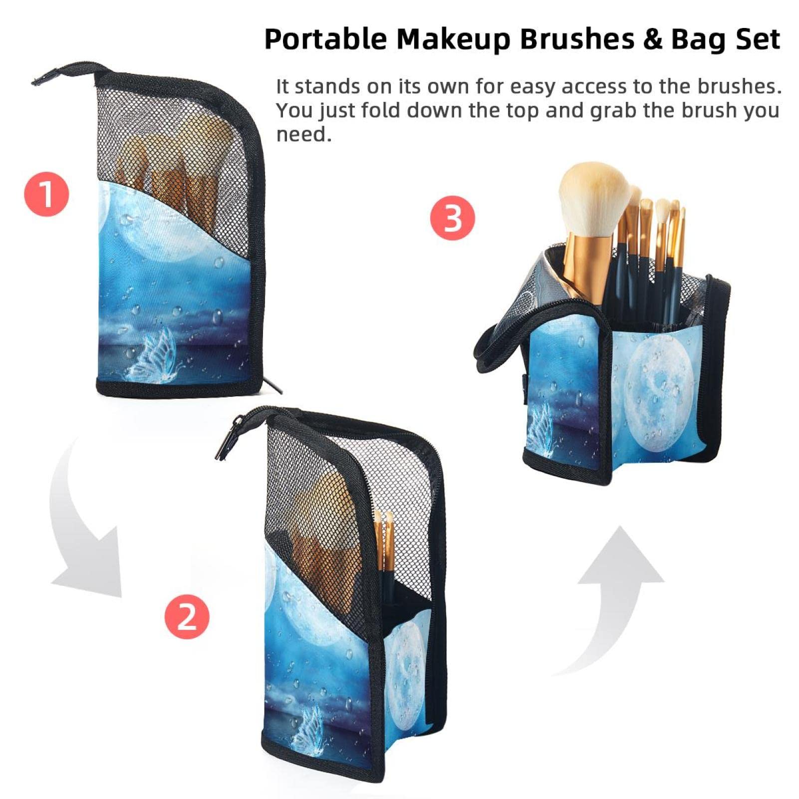 12-Piece Makeup Brush Set with Organizer Bag - Water Drop Sea Moon Butterfly Design, Portable Cosmetic Brush Holder Case for Travel & Home Storage