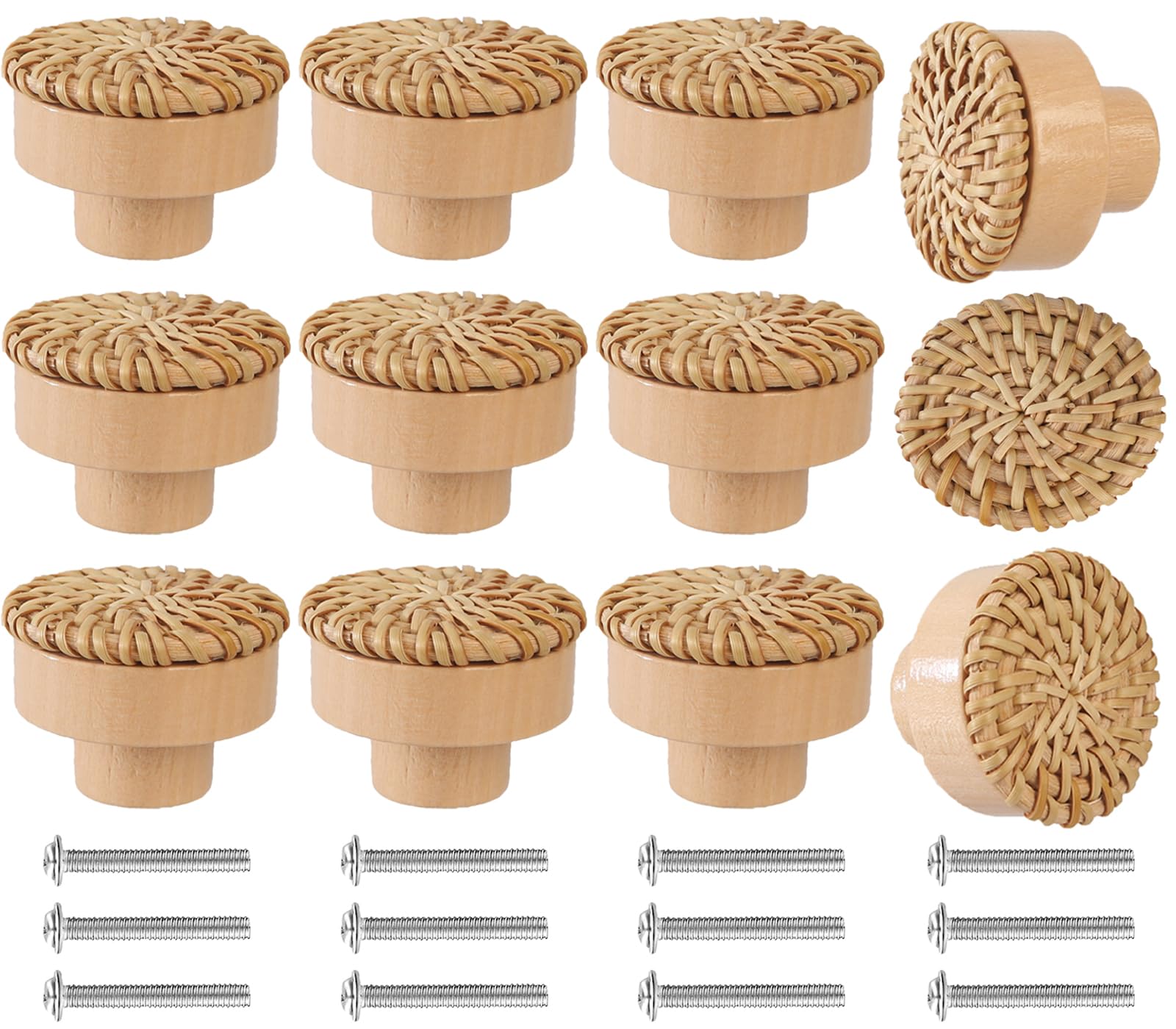 12 Pack Boho Rattan Dresser Knobs - Handmade Wooden Drawer Pulls with 24 Screws - Durable Beech Wood Cabinet Handles - Wicker Woven Knobs for Bedroom, Kitchen & Bathroom Furniture