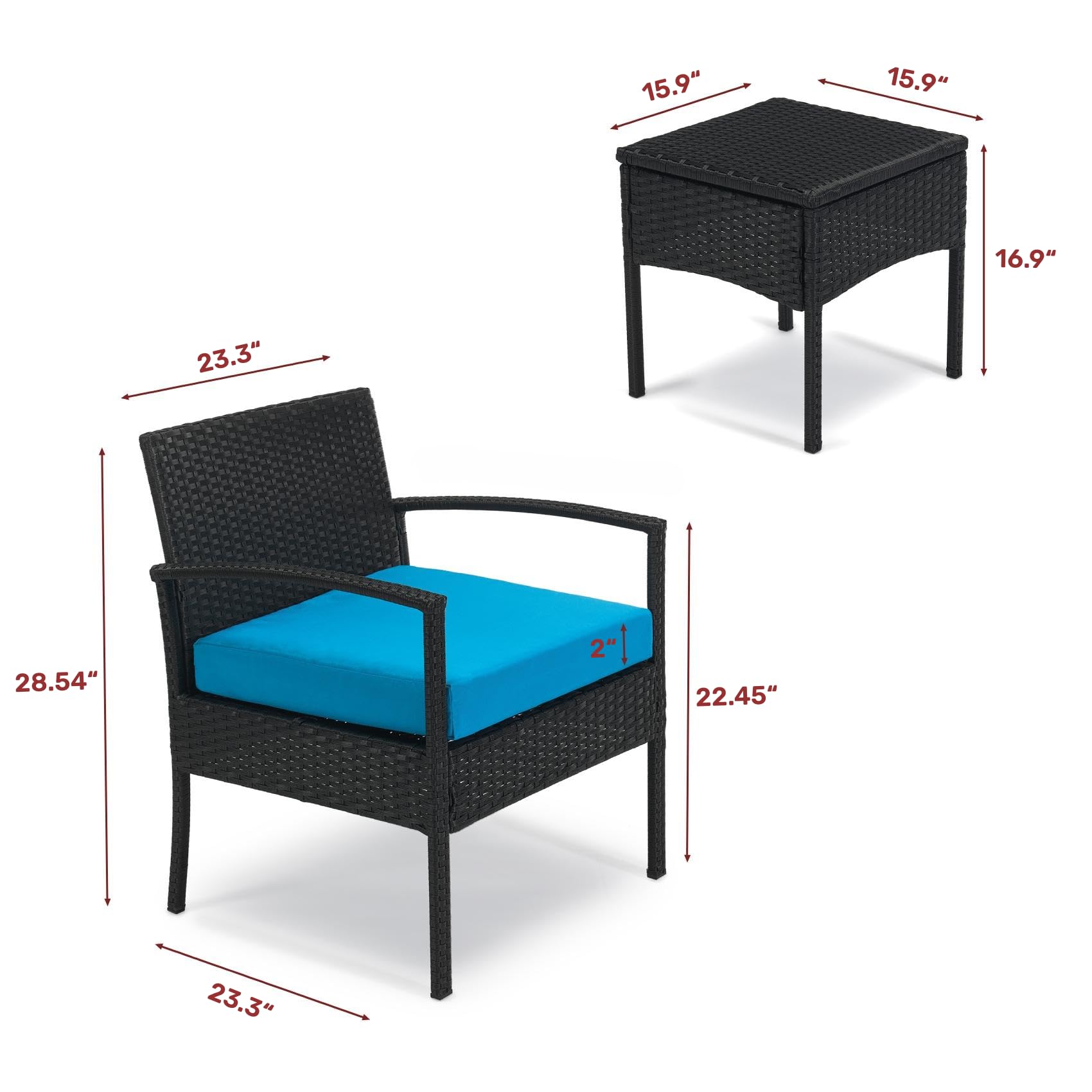 3-Piece Outdoor Patio Furniture Set - Wicker Chairs with Table & Cushions for Balcony, Backyard, Porch - Blue Bistro Set for Relaxing & Entertaining