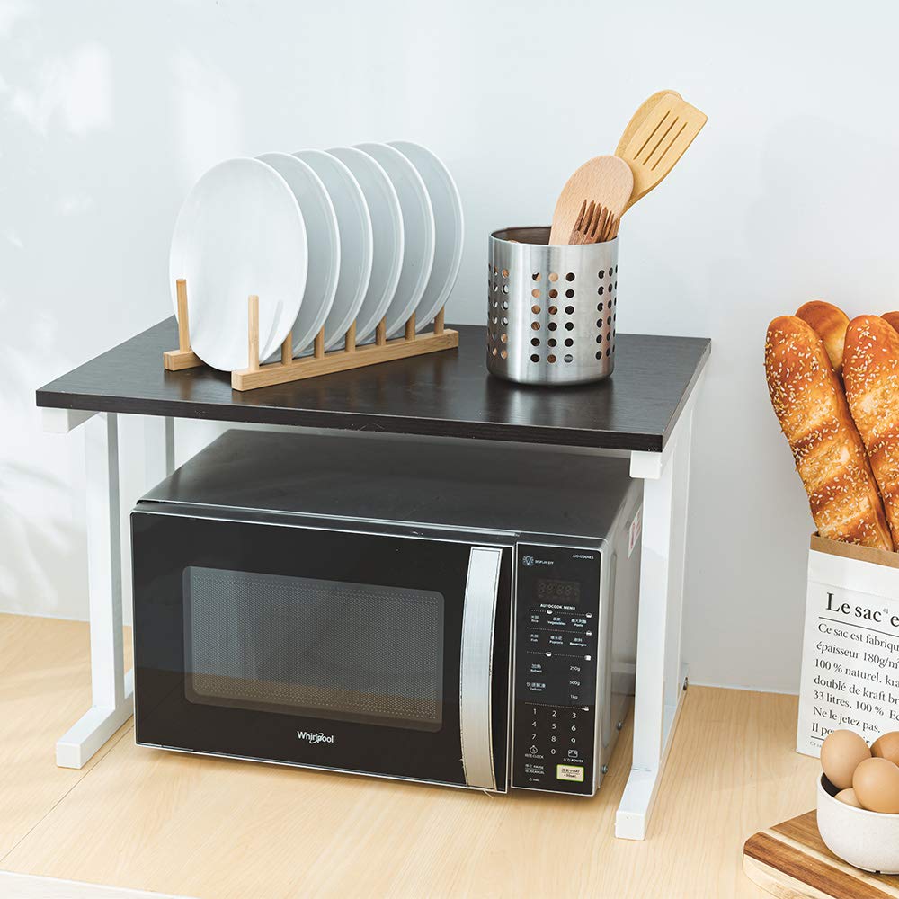 2-Tier Wooden Microwave Oven Rack - Black Countertop Shelf Organizer for Kitchen & Office | Space Saving Storage for Microwave, Printers & Small Appliances | Perfect for Small Kitchens, Dorm Rooms & Home Offices