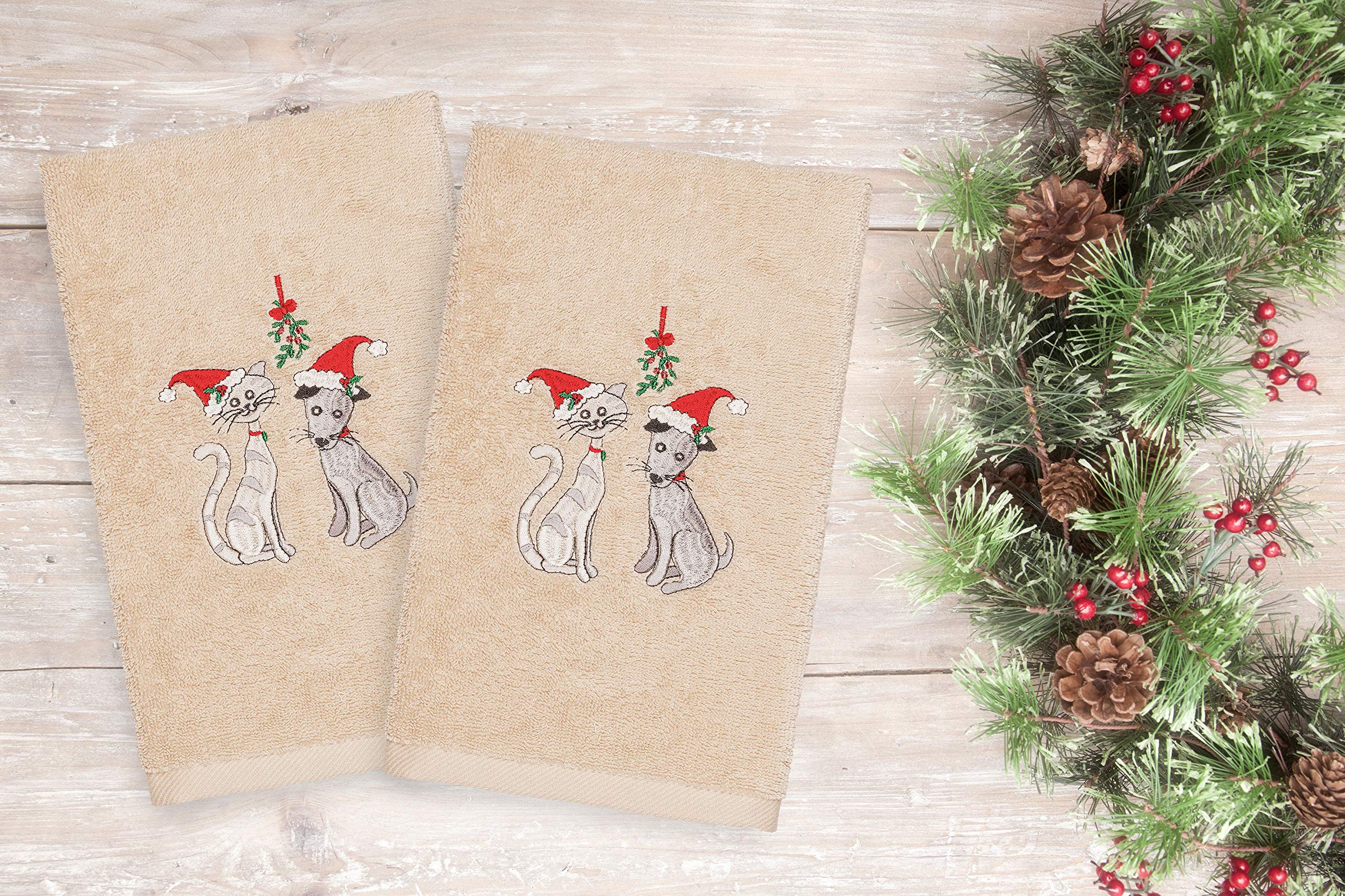 Premium 100% Cotton Hand Towels Set of 2 - Soft Turkish Terry Embroidered with Christmas Pets Design - Beige Bathroom Towels for Holiday Decor & Guest Bath Essentials
