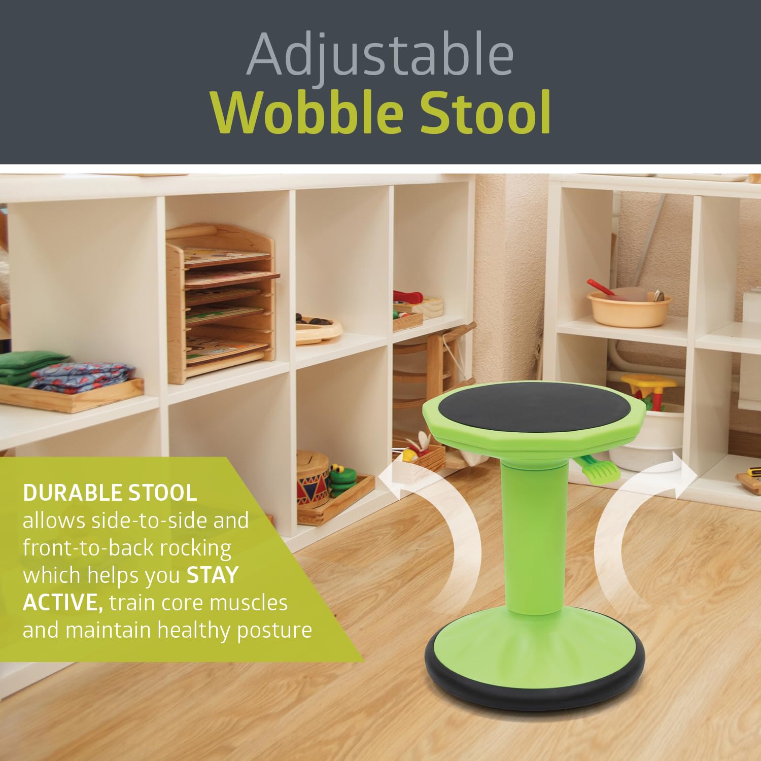 Pearington SitFree Height Adjustable Wobble Stool - Ergonomic Active Seating Chair for Kids & Adults - Perfect for Classroom, Office & Home Use - Green