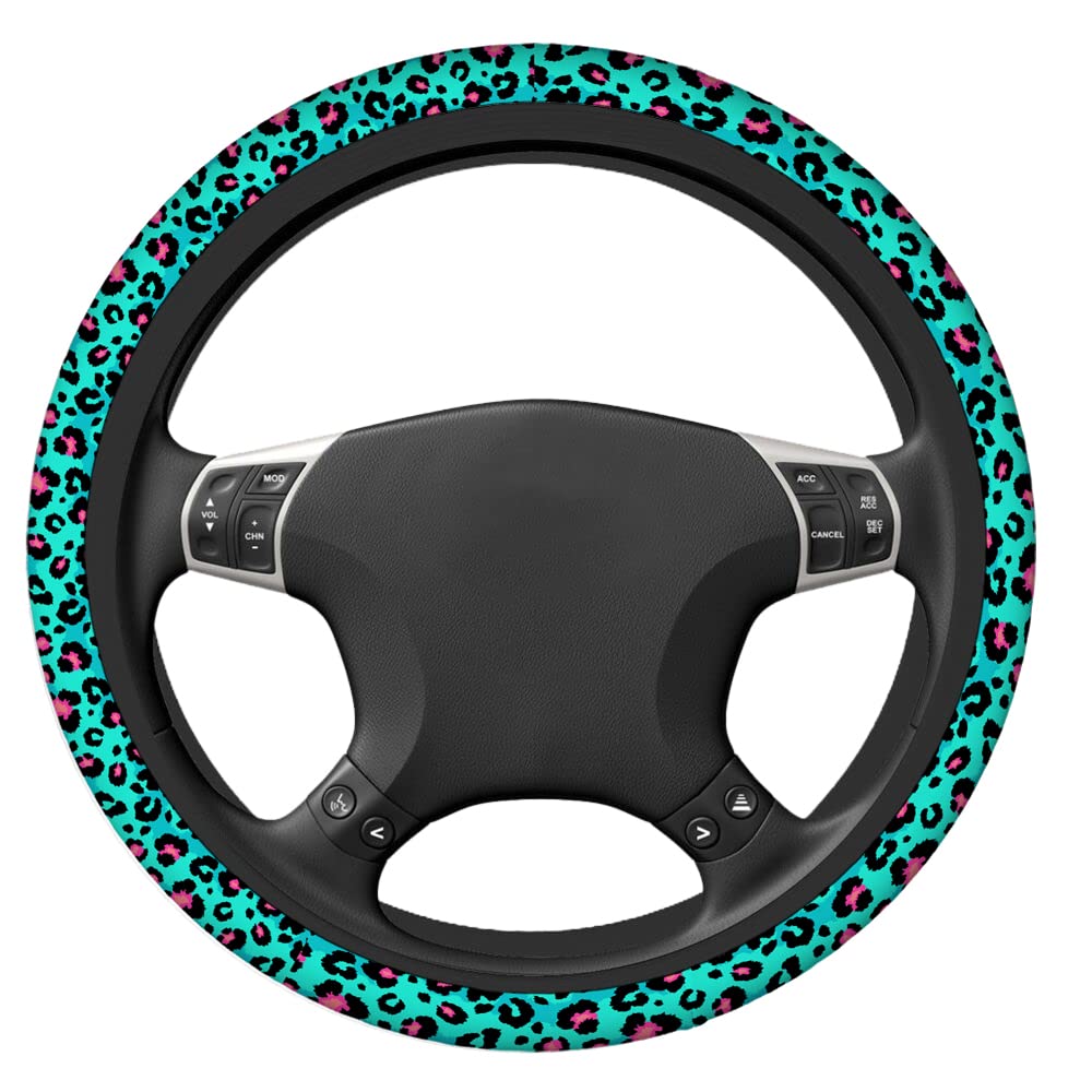Swono Leopard Print Steering Wheel Cover - Abstract Blue Pink Leopard Spots, Anti-Slip Fur Wrap for Cars & Trucks (Fits 15