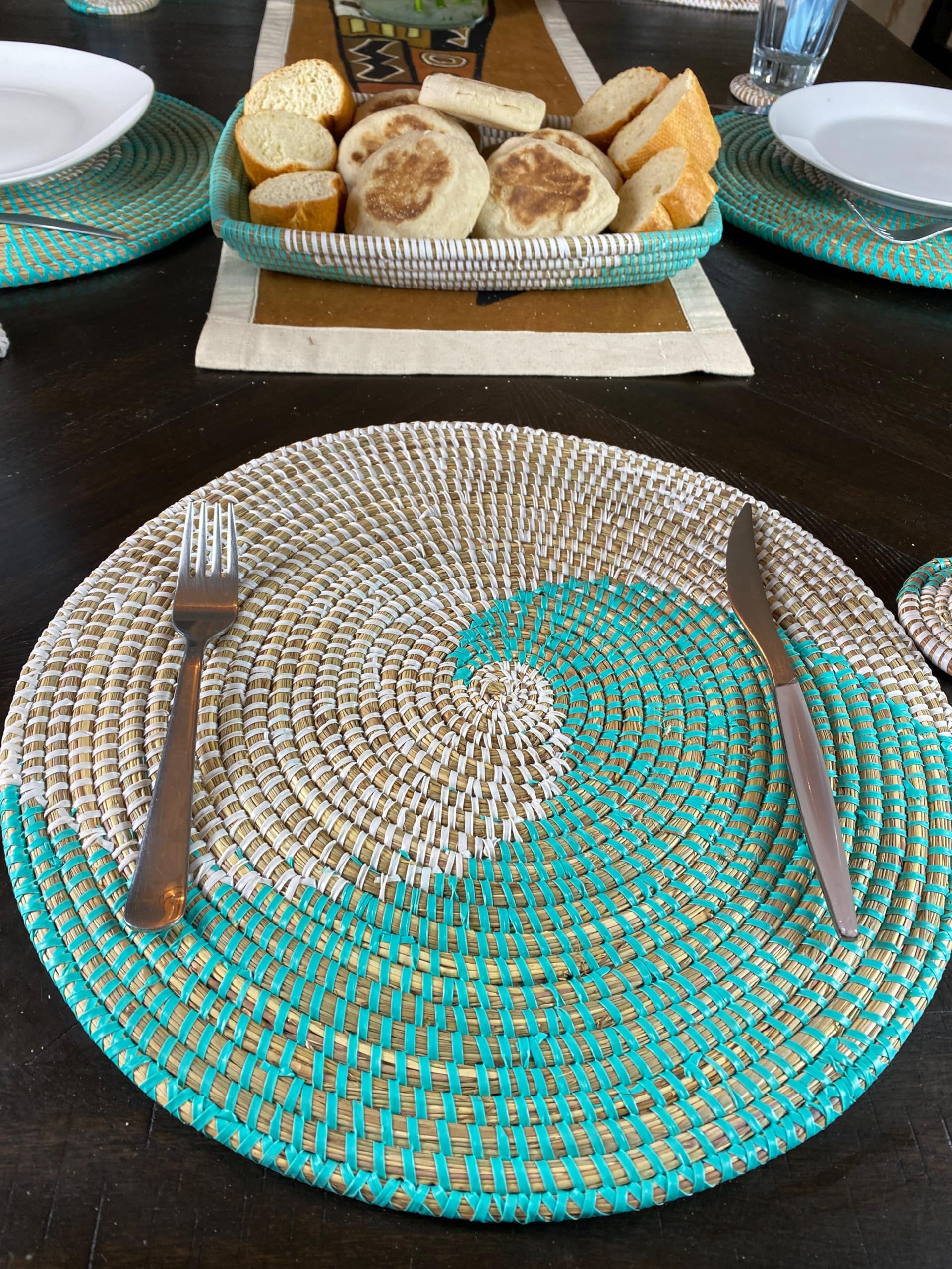 Handwoven African Bohemian Seagrass Placemats - Natural Round Wicker Basket Placemats & Decorative Hanging Wall Plates (Light Blue & White) | Perfect for Boho Dining, Kitchen Decor & Wall Art