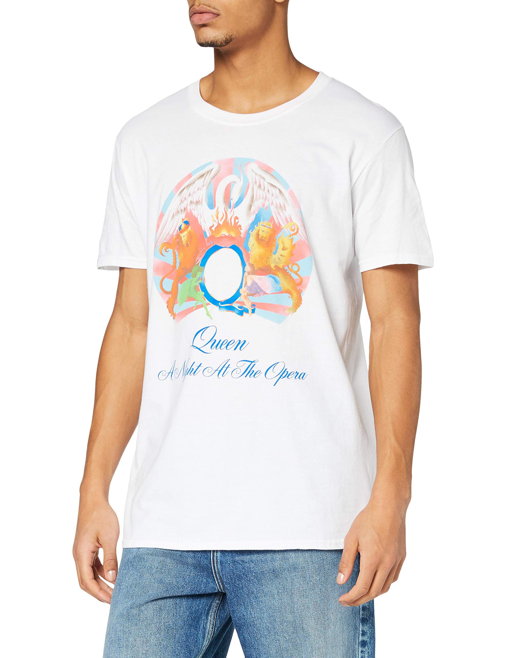 Bravado Queen A Night at The Opera Men's White Graphic T-Shirt | Vintage Rock Band Tee | Casual Cotton Shirt for Concerts, Parties & Everyday Wear