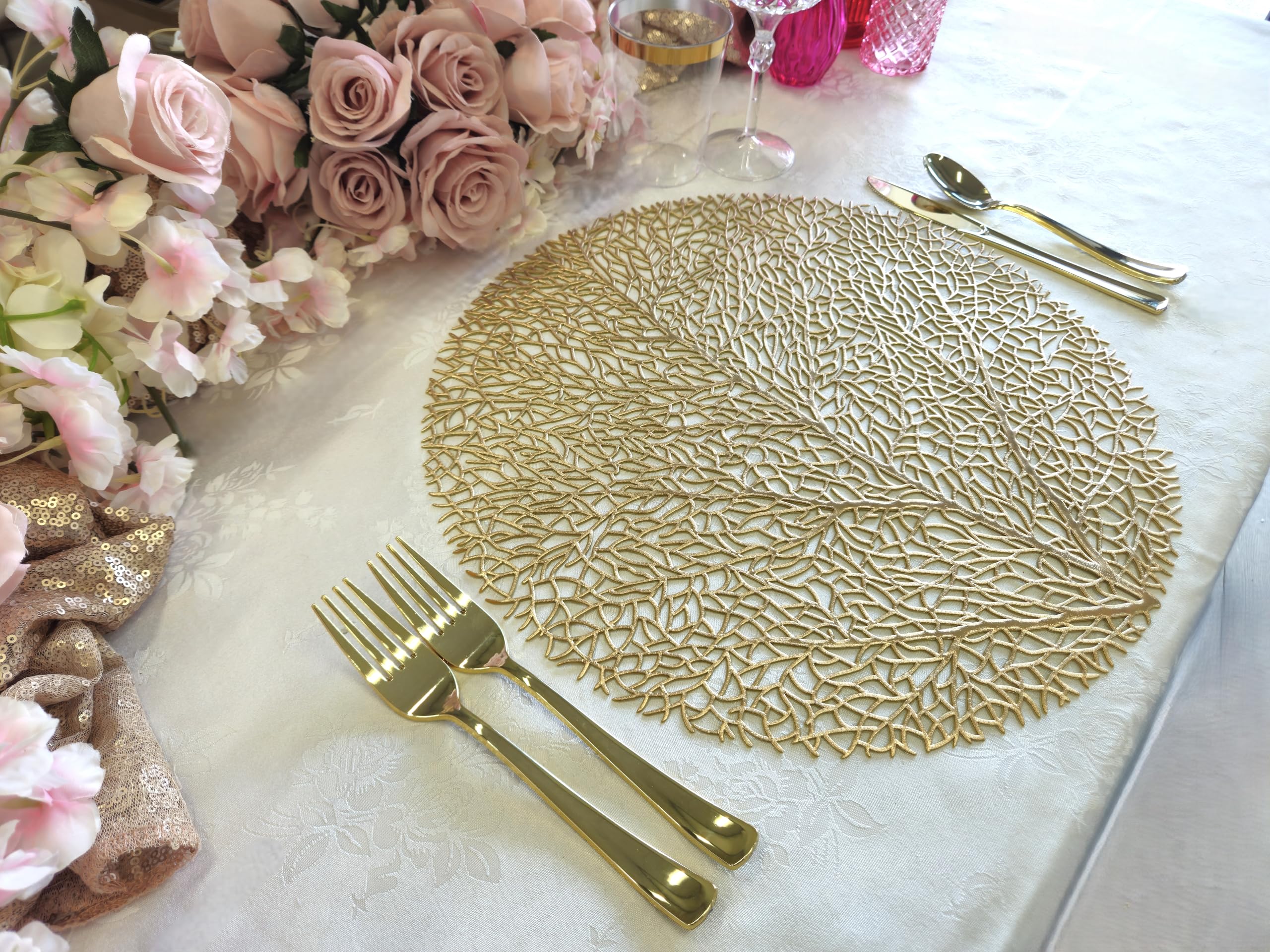 120-Piece Pressed Vinyl Metallic Placemats Set - Elegant Wedding Table Decor & Centerpiece Accent (Eden, Matte Gold) | Perfect for Bridal Showers, Anniversary Dinners & Formal Dining Events