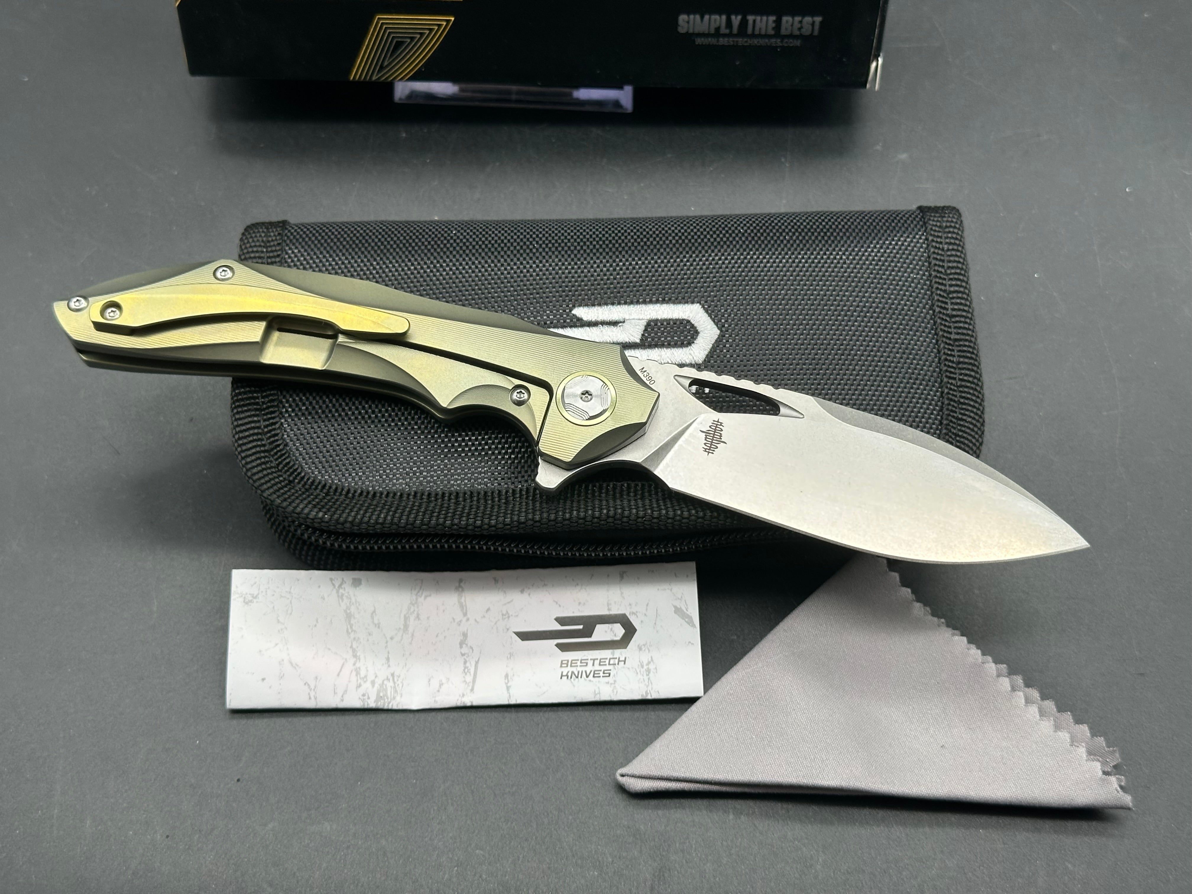 Premium Bestech Eskra Folding Knife - Bohler M390 Stonewashed Blade, Gold Titanium Handle for Outdoor Camping, Hunting & EDC