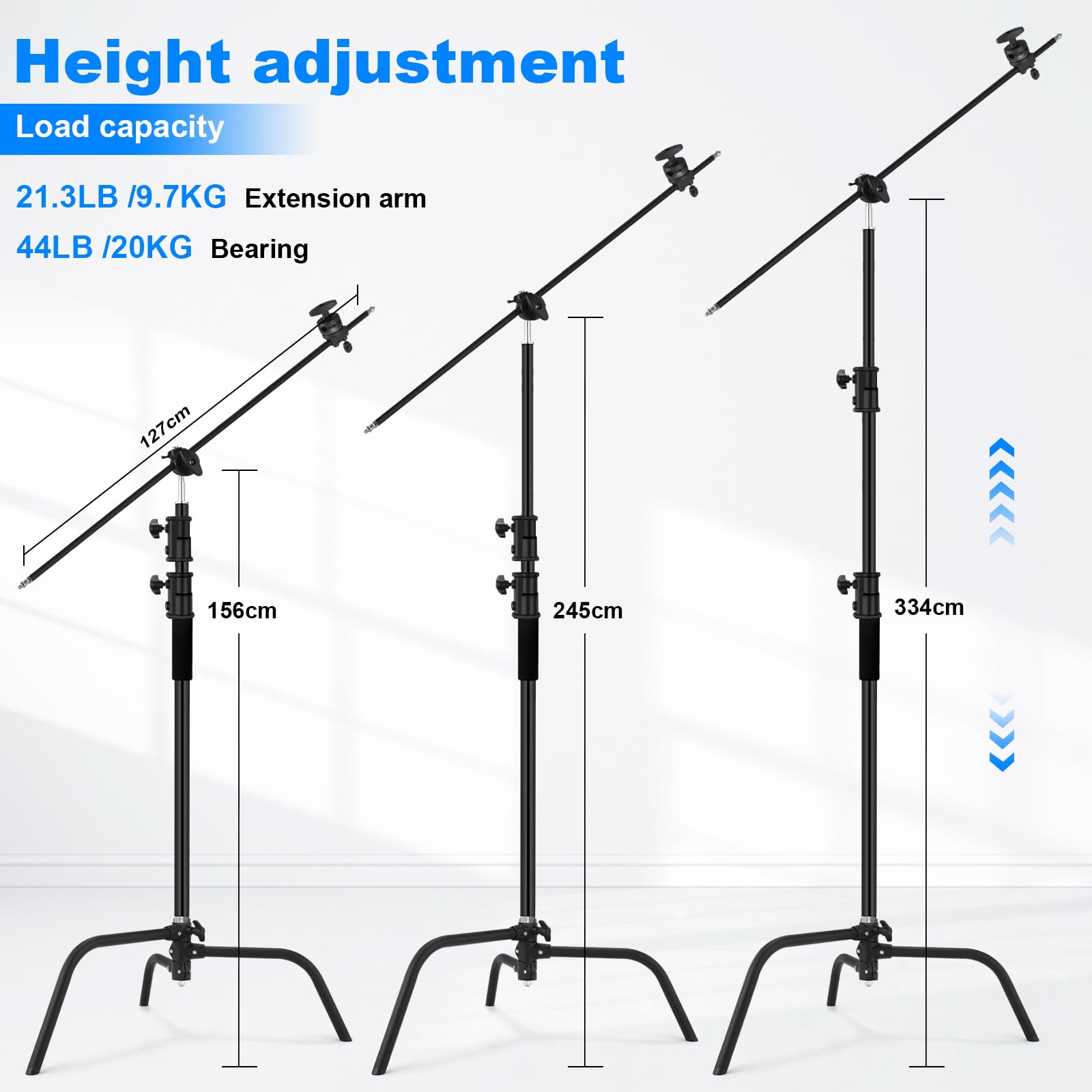 Heavy Duty C Stand with Boom Arm - Black Stainless Steel Adjustable Photography Light Stand with Grip Head & Sand Bag for Studio Lighting, Overhead Shooting, Reflectors, Softboxes, Umbrellas - Perfect for Professional Photography, Videography, and Film Production