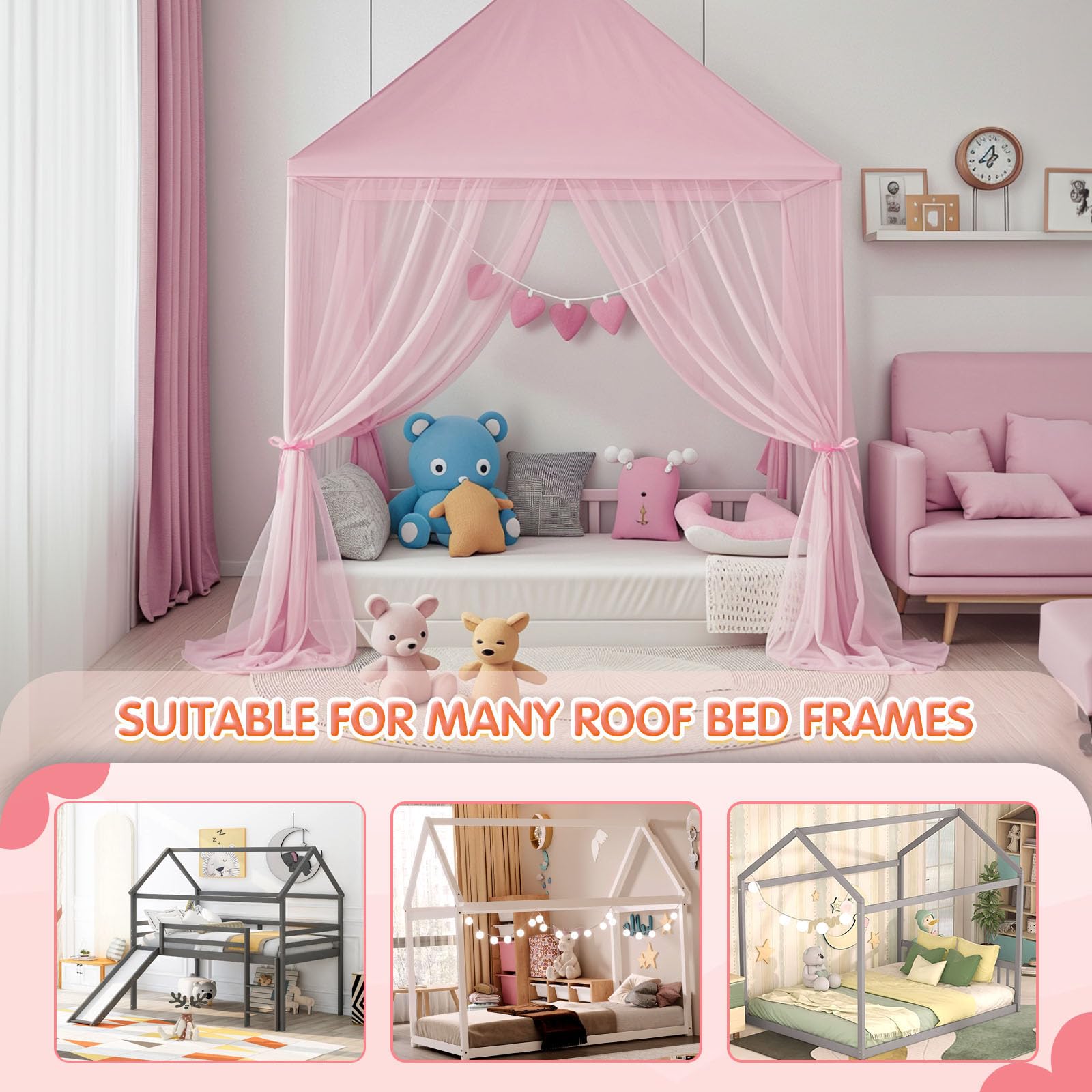 **Pink Princess Bed Canopy for Girls - Twin Size Dreamy Castle Play Tent with Mosquito Net, Breathable Canopy Bed Curtains for Reading Nook & Playhouse (Perfect for Bedroom Decor, Sleepovers & Imaginative Play)**