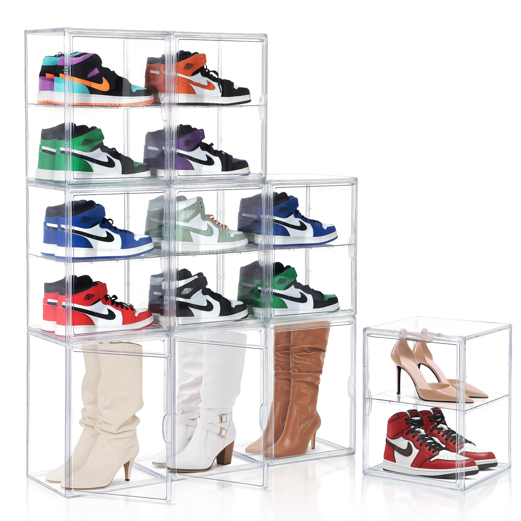 MMBABY 9-Pack Clear XX-Large Acrylic Shoe Storage Boxes with Adjustable Dividers - Stackable Boot Organizers with Magnetic Lids for Sneakers, Heels & Boots Display - Perfect for Closet, Bedroom & Entryway Organization
