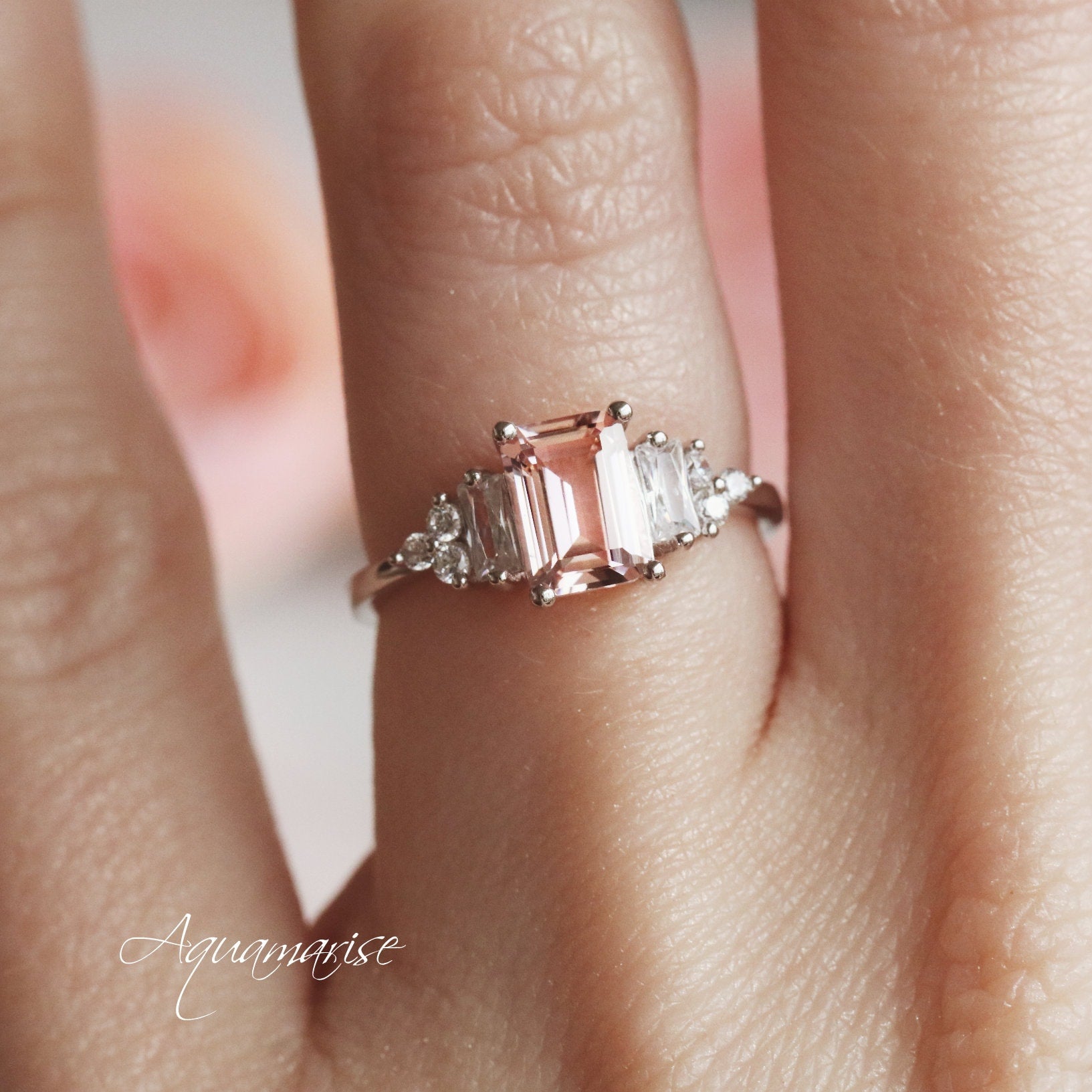 Amelia Morganite Ring in Sterling Silver – Elegant Rose Gold Plated Jewelry for Women, Perfect for Engagement, Wedding & Anniversary Gifts