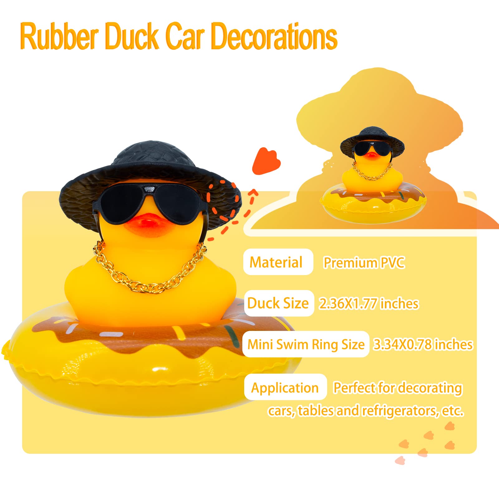 Fun Rubber Duck Car Dashboard Decorations with Mini Swim Ring, Sun Hat, Necklace & Sunglasses - Cute Car Accessories for Dashboard Decor, Gifts & Road Trip Fun