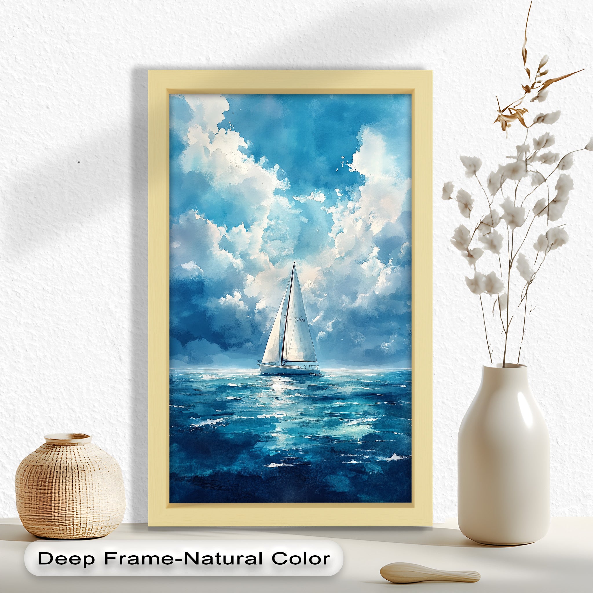 Blue Sky White Sailboat Oil Painting - Handmade Nautical Wall Art for Living Room, Bedroom & Office Decor