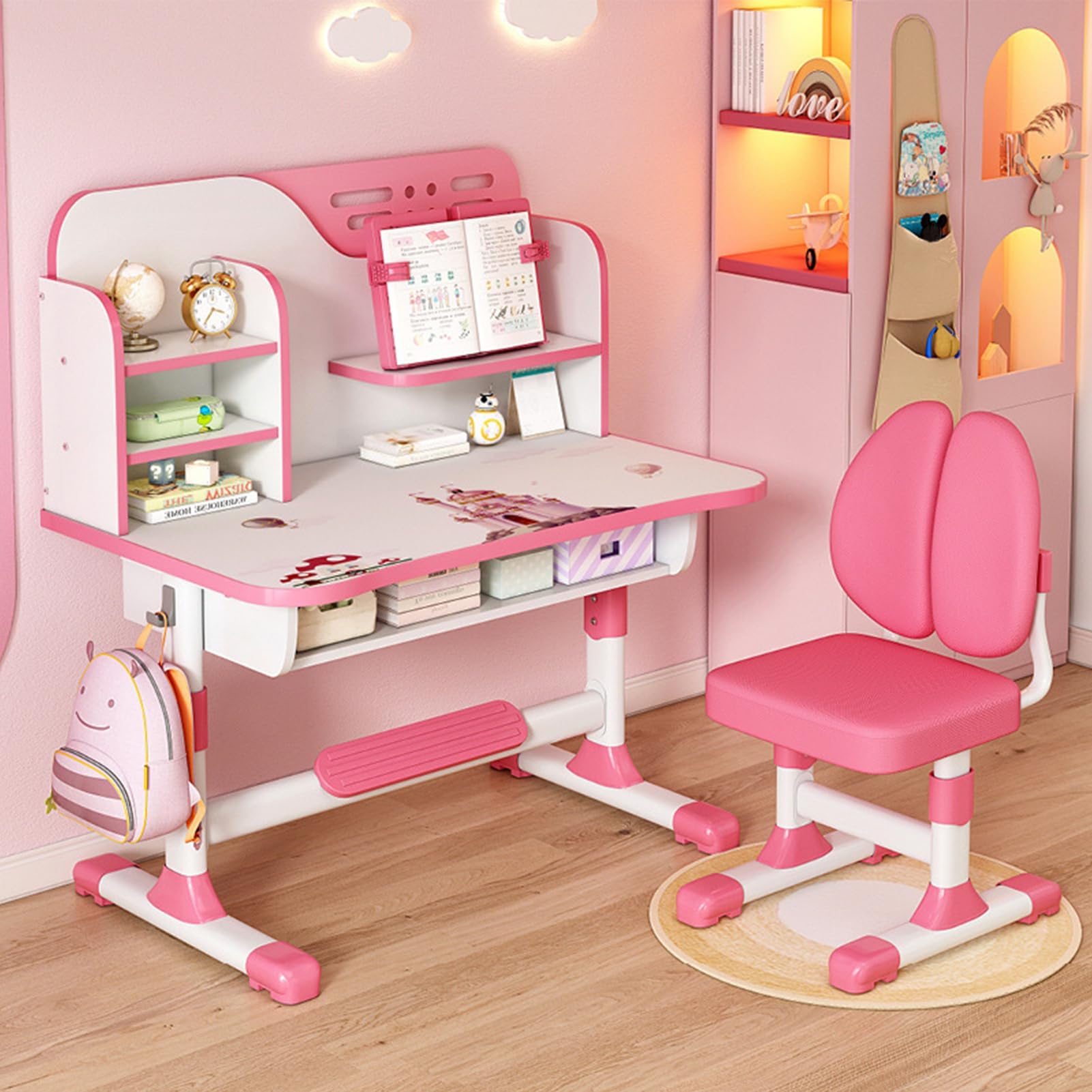 2Pcs Adjustable Height Kids Study Desk and Chair Set with Astronaut Design & Storage Drawer - Ergonomic Children's Furniture for Homework, Drawing & Play (Pink) - Perfect for Bedroom, Study Room & Homeschooling