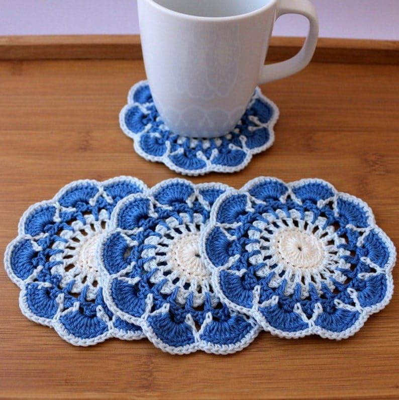 Handmade Crochet Doily Coasters Set of 6 - Blue and White Cotton Coasters - Perfect for Tea Cups, Coffee Mugs & Home Decor - Made to Order