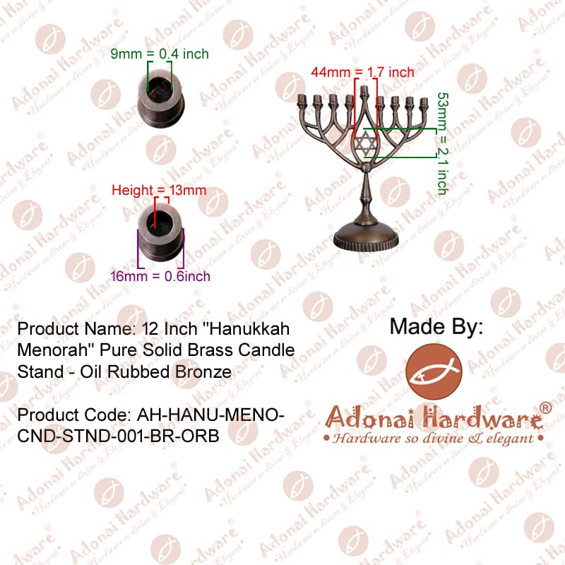 Adonai Hardware 12 Inch Hanukkah Menorah - Pure Solid Brass Candle Holder with Oil Rubbed Bronze Finish for Jewish Holiday Decor & Home Celebration