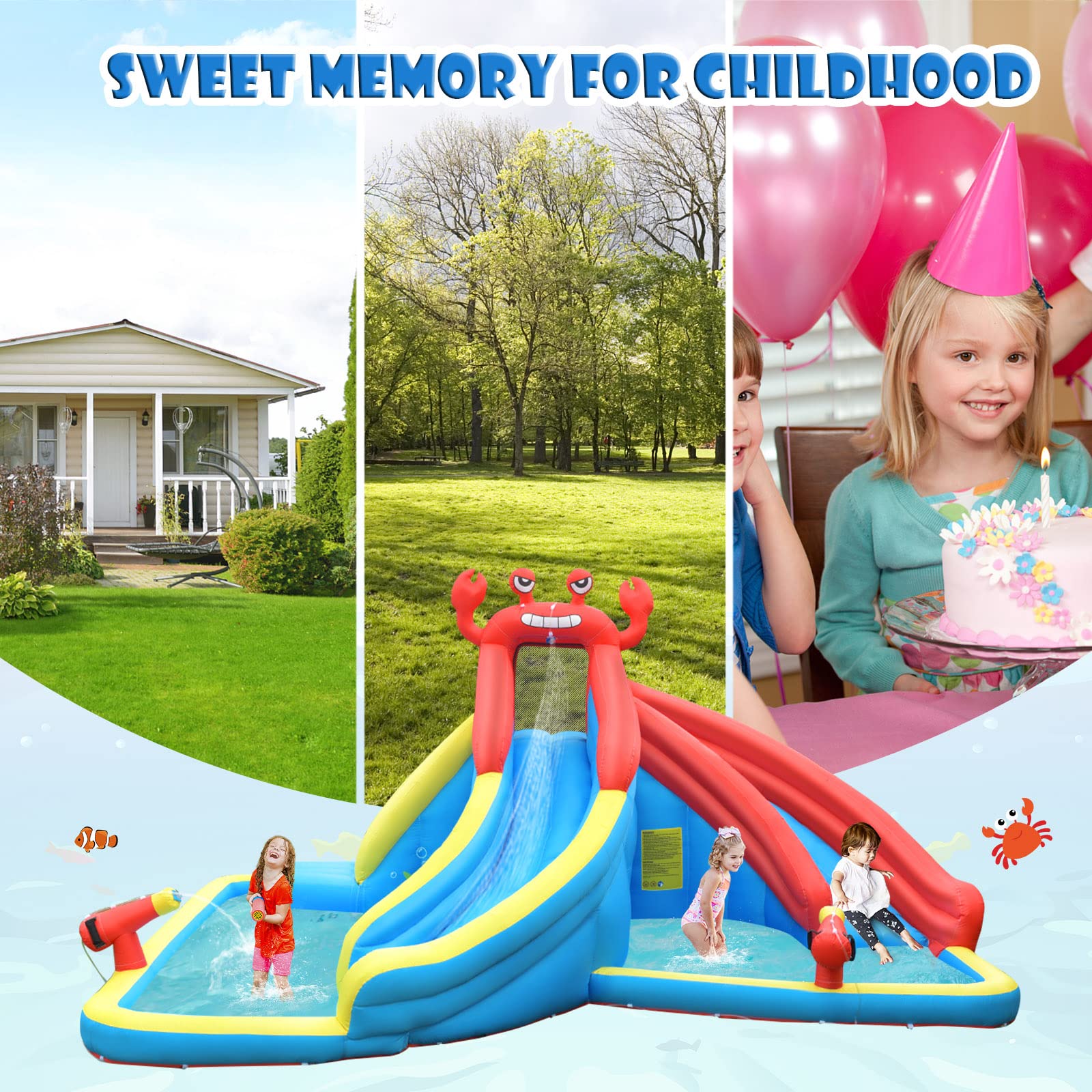 BOUNTECH Inflatable Crab Water Slide for Kids - Dual Racing Slides, Climbing Wall & Hide & Seek Cave - Outdoor Blow Up Water Park for Backyard Parties, Summer Fun & Toddler Play - Perfect for Birthdays, BBQs & Family Gatherings