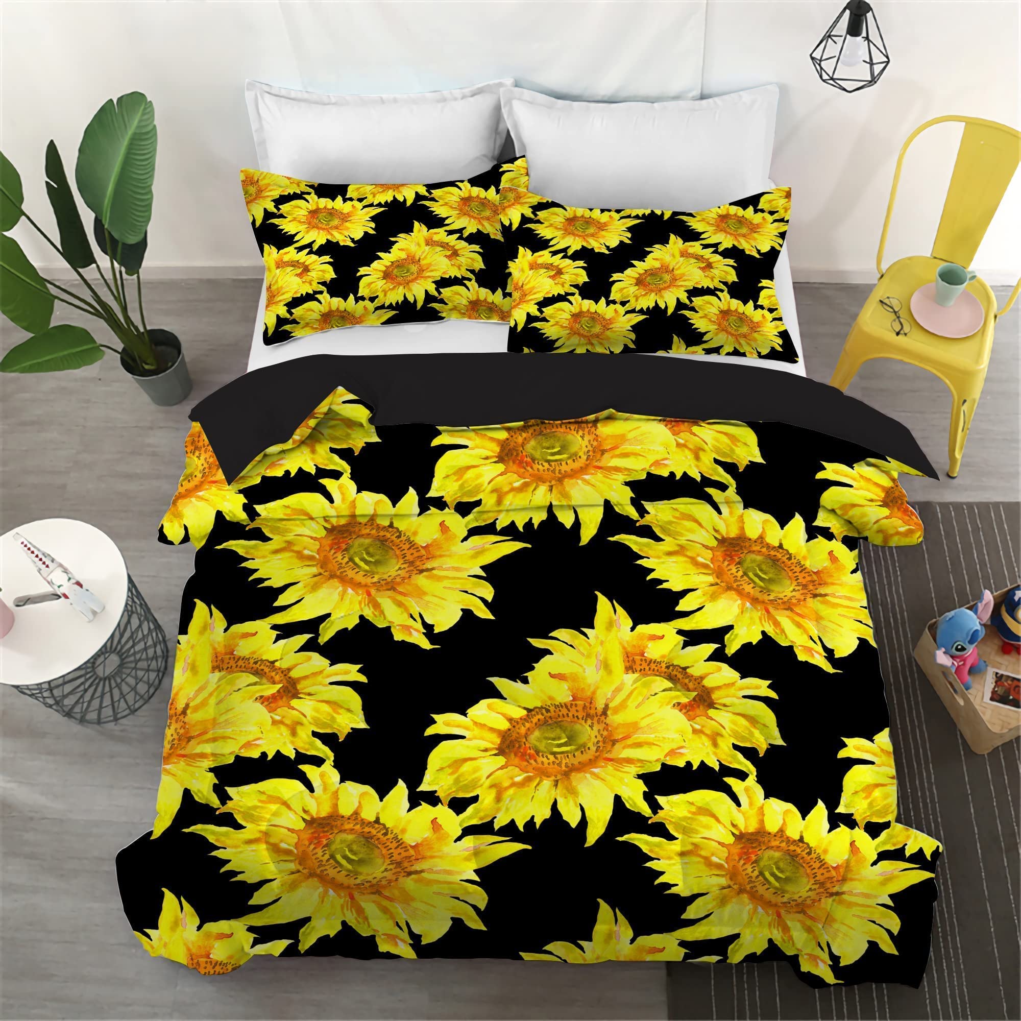 Yasida Sunflower Comforter Set Queen Size - 3 Piece Yellow Floral Bedding Set with Watercolor Flowers (1 Comforter + 2 Pillowcases) for Cozy Bedroom Decor & Farmhouse Style Home