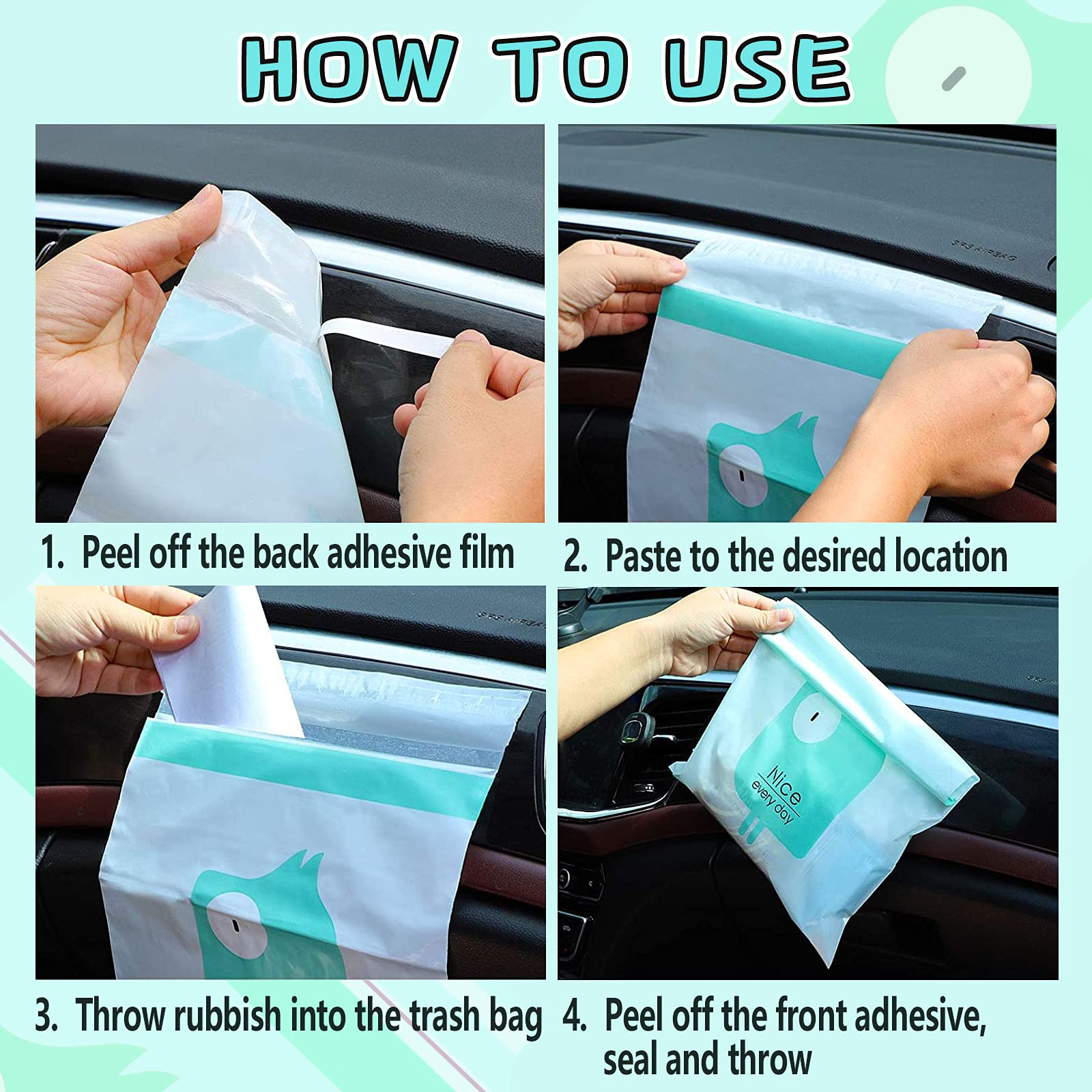 52pcs Disposable Car Trash Bags - Waterproof Leak Proof Self-Adhesive Garbage Bags for Cars, Travel, Office, Home | Portable Vomit Barf Bags for Road Trips, Bedroom, Bathroom & Kitchen Cleaning | Pattern A