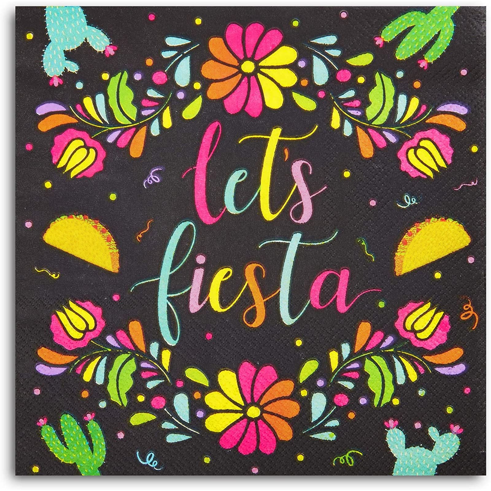 100 Pack Let's Fiesta Party Napkins - Colorful Kids Birthday & Cinco de Mayo Decorations (Black, 6.5 Inch) - Perfect for Themed Parties, Celebrations & Festive Gatherings