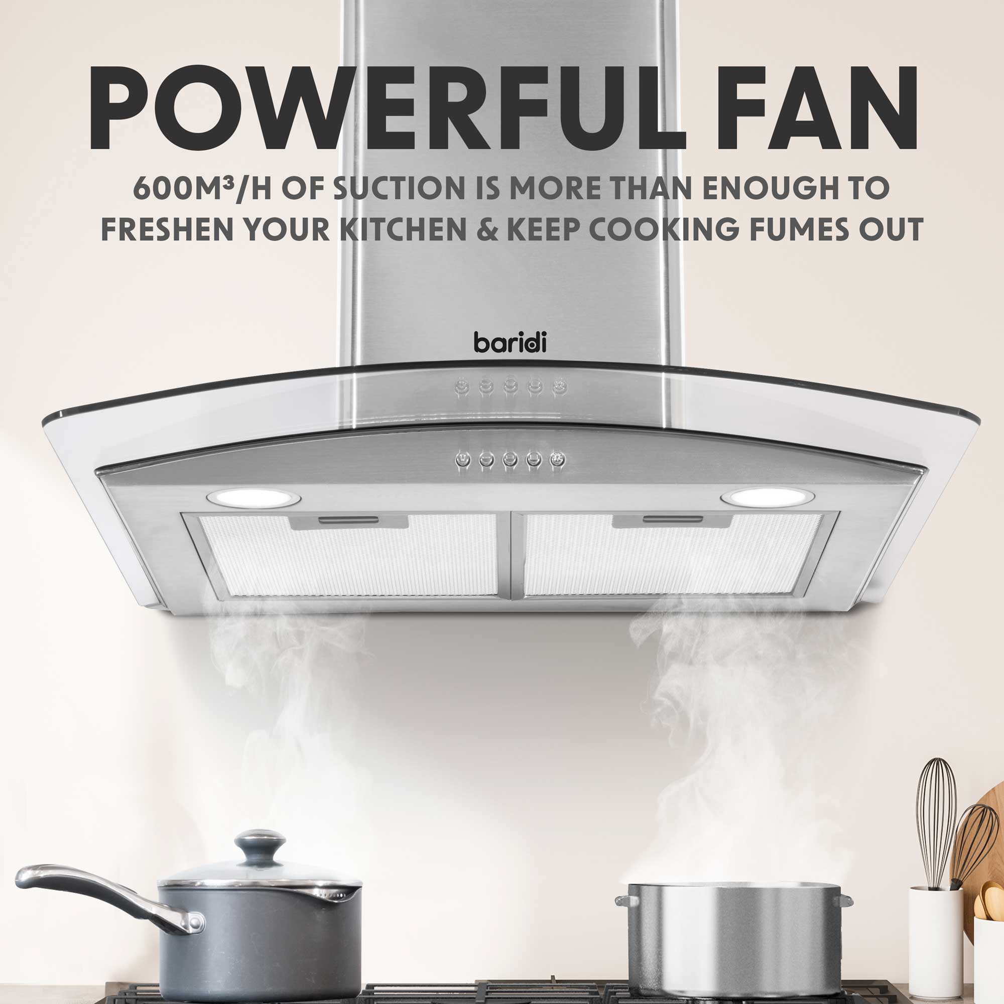 Baridi 4 Zone Ceramic Hob with 5 Function Fan Assisted Oven & Curved Glass Cooker Hood Bundle - DH187 | Premium Kitchen Appliance Set for Modern Homes | Perfect for Baking, Roasting & Cooking Family Meals