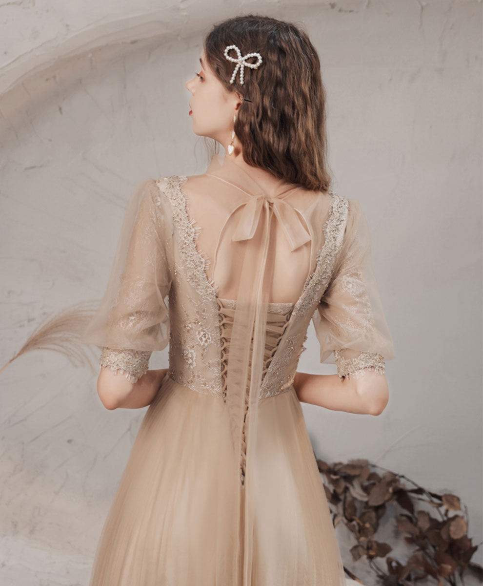 Elegant Champagne High Neck Tulle Lace Long Prom Dress for Women | Formal Evening Gown for Graduation, Homecoming, Wedding Guest & Special Occasions