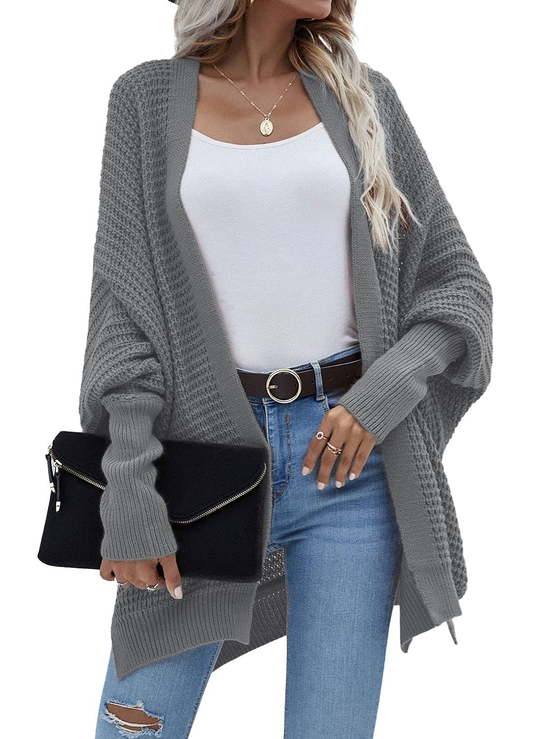 Women's Chunky Knit Waffle Cardigan Sweater - Ribbed Cuffs, Batwing Sleeves & Open Front Design - Casual Loose Fit Long Sleeve Coat for Fall & Winter Layering | Perfect for Coffee Dates, Office Wear & Cozy Home Outfits
