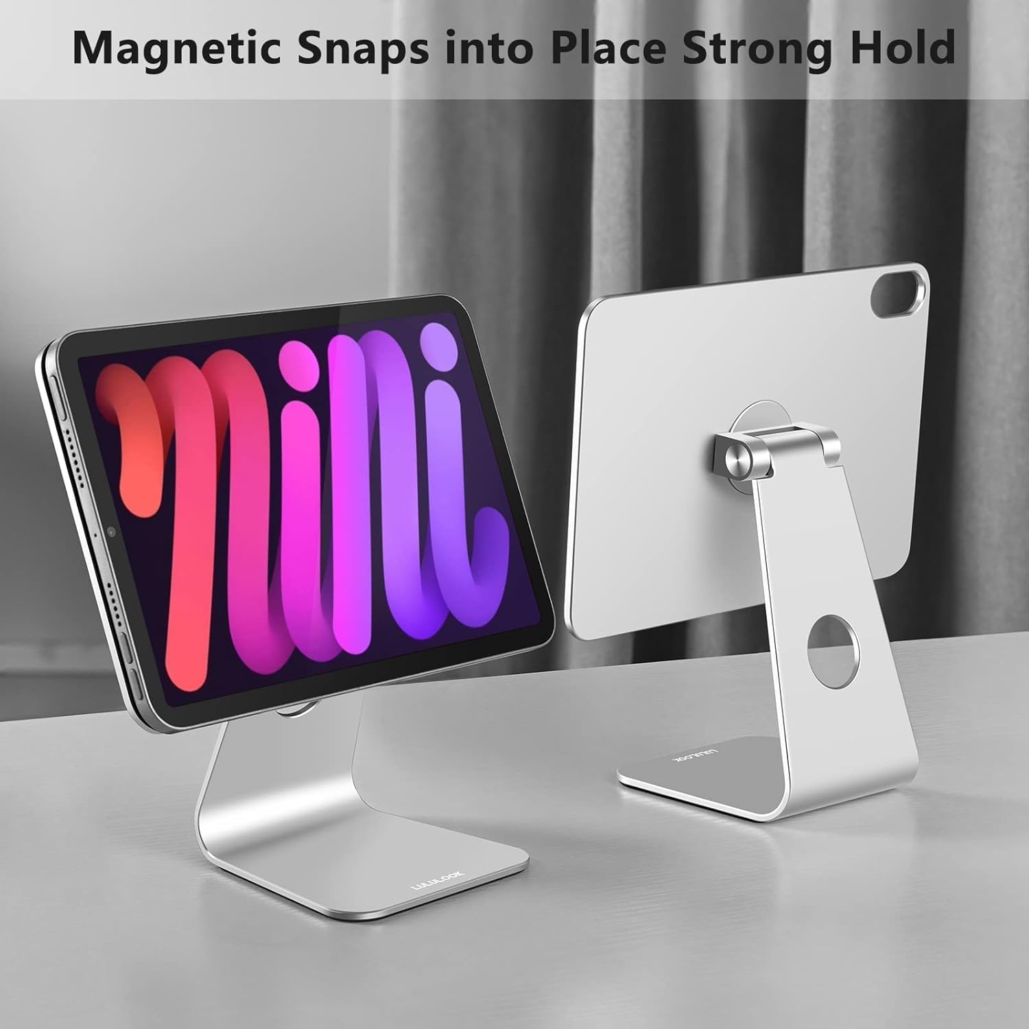 LULULOOK Magnetic Stand for iPad Mini 7 A17 Pro & iPad Mini 6 8.3 inch (2024/2021) - Adjustable Aluminum Rotatable Floating Tablet Holder for Drawing, Viewing, Reading - Perfect for Home Office, Bedroom & Travel (Silver)