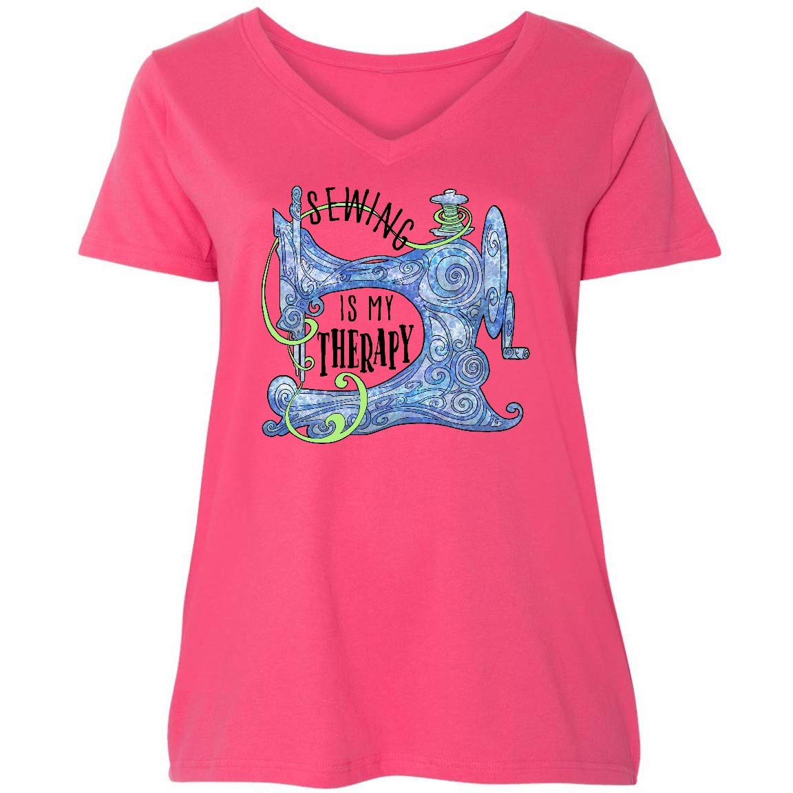Inktastic Sewing is My Therapy Stylized Sewing Machine Women's Plus Size V-Neck T-Shirt - Comfortable Casual Wear for Sewing Enthusiasts & Hobbyists