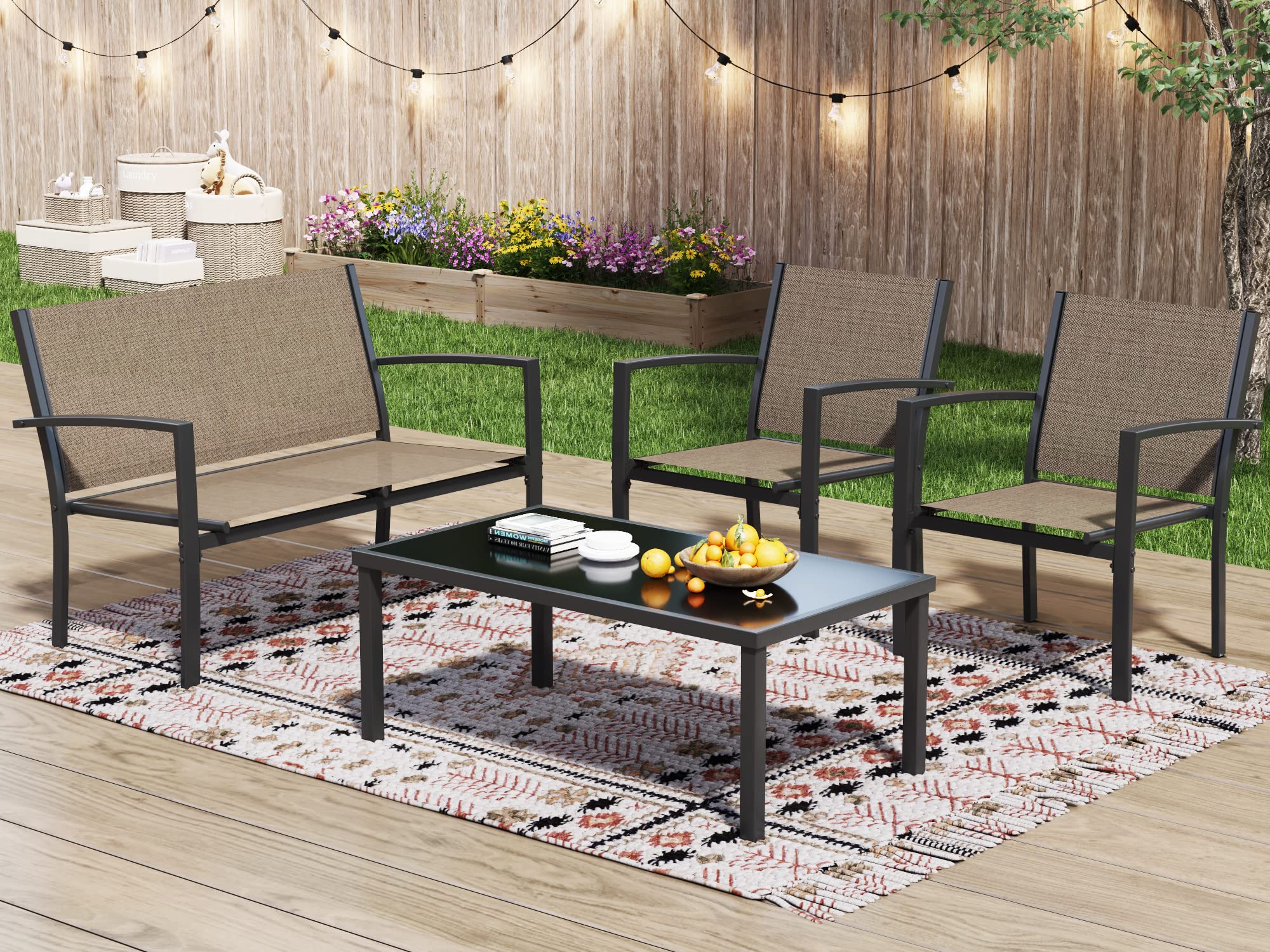 Greesum 4-Piece Outdoor Patio Furniture Set with Glass Coffee Table - Brown Wicker Conversation Set for Garden, Lawn, Poolside & Backyard - Perfect for Relaxing, Entertaining and Outdoor Dining