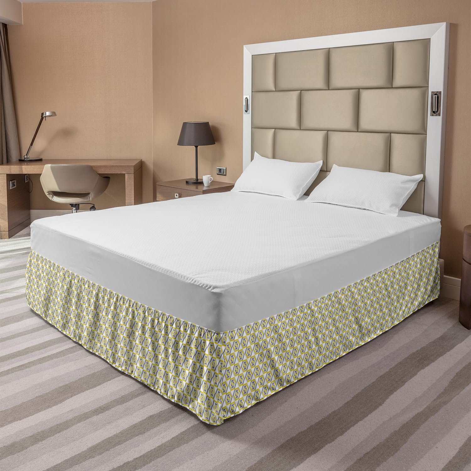 Ambesonne Hexagon Bedskirt King Size - Yellow & Gray Modern Bedroom Decor for Luxury Home Styling